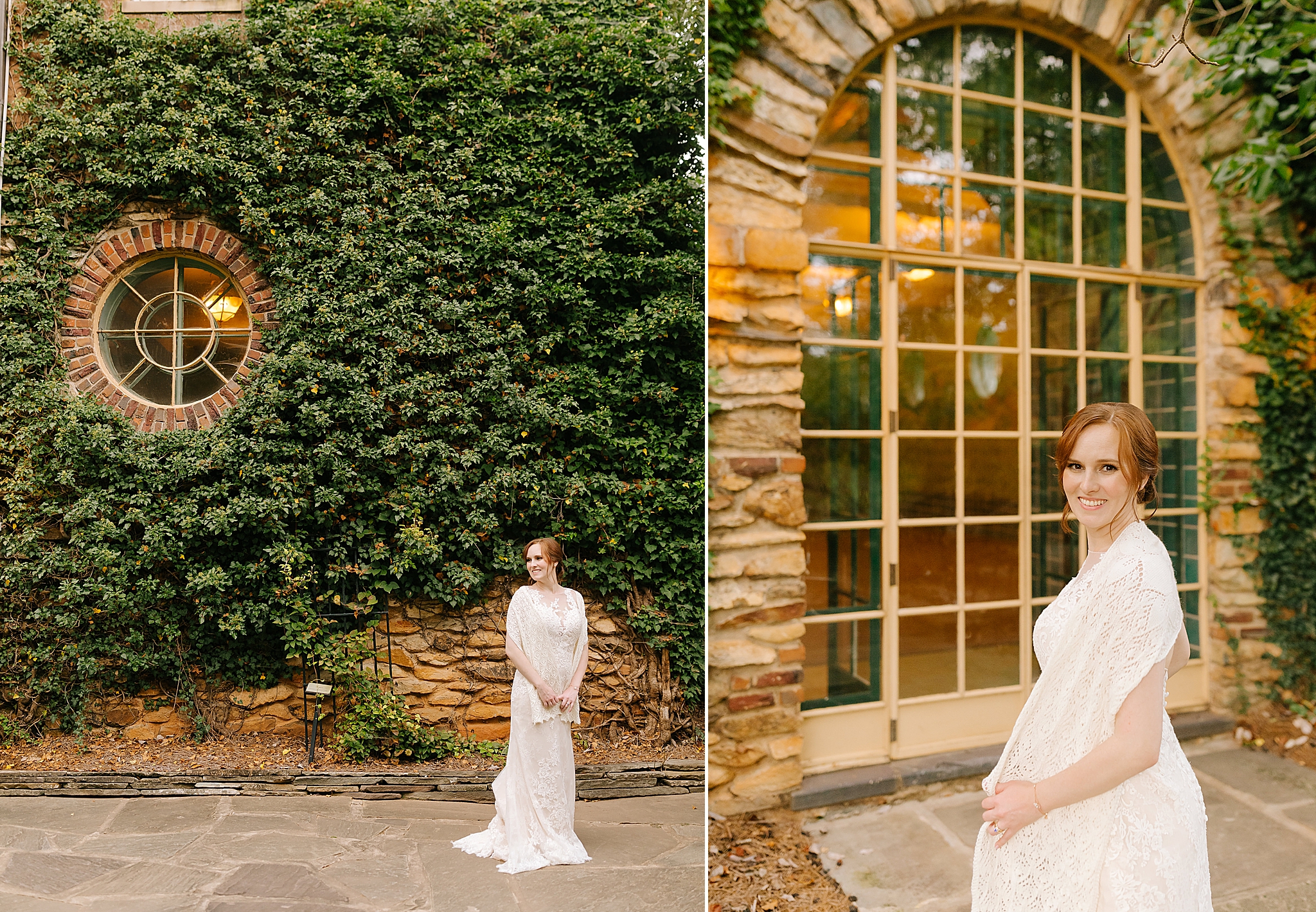 bride poses with shawl outside Graylyn Estate