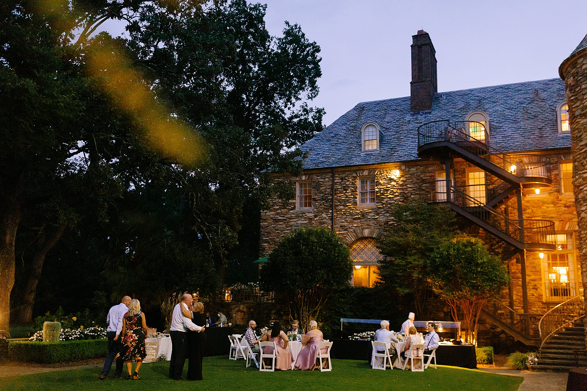 nighttime wedding reception at Graylyn Estate