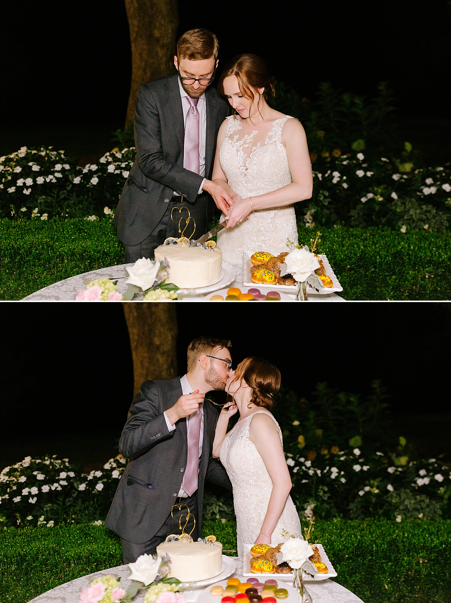 newlyweds cut wedding cake during NC wedding reception