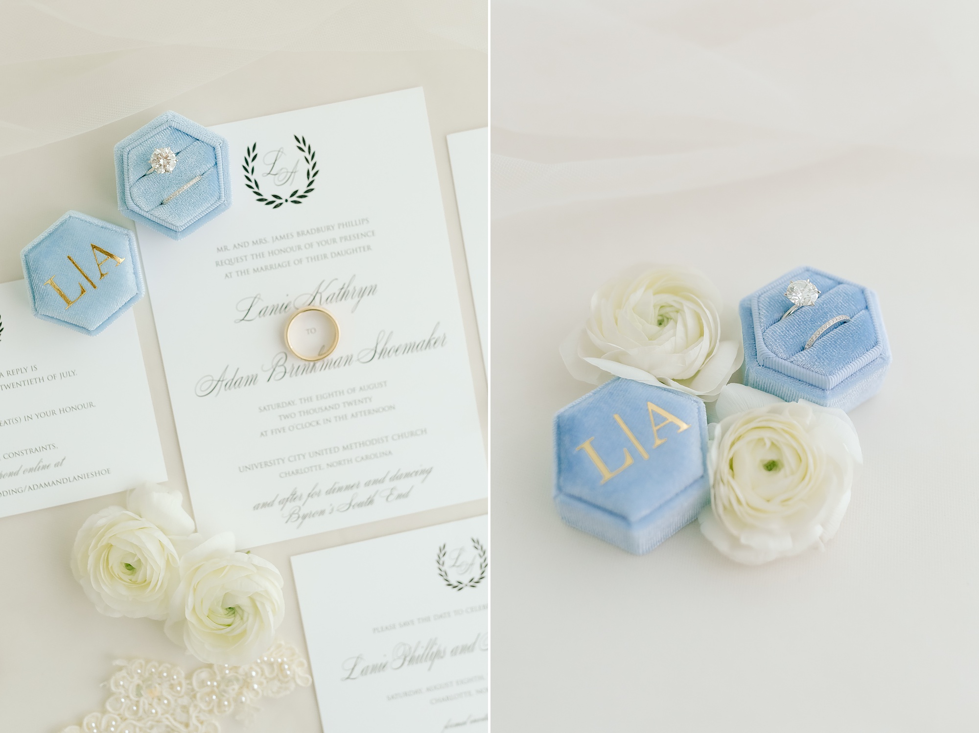 dusty blue and ivory wedding details for microwedding in Uptown Charlotte
