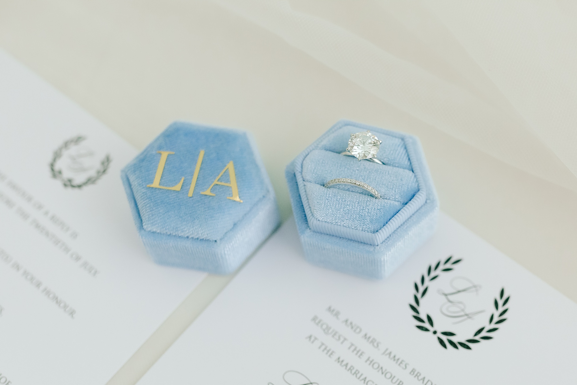 wedding rings in pale blue boxes
