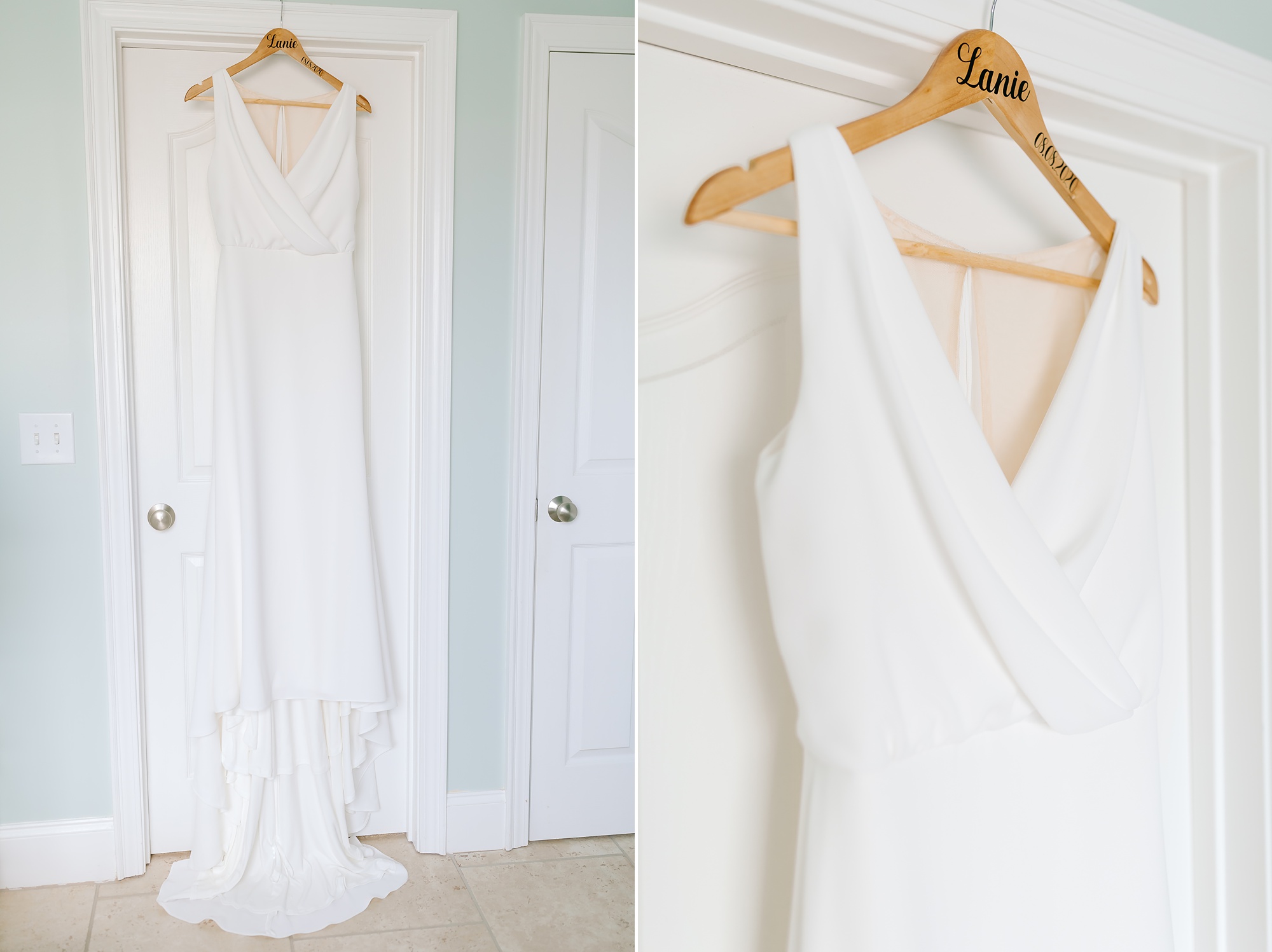 modern wedding gown hangs in childhood bedroom