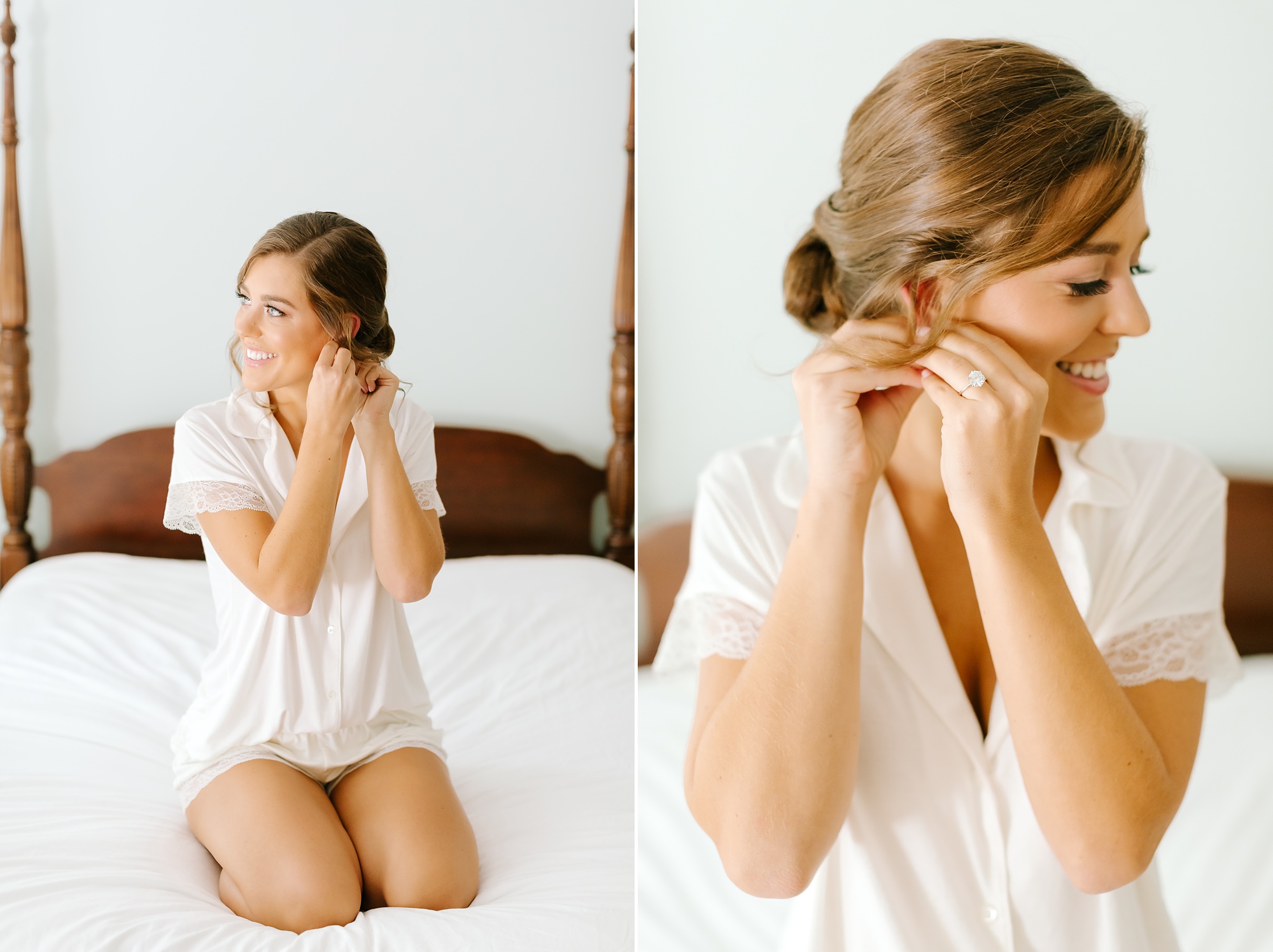bride sits on bed and adjusts earrings