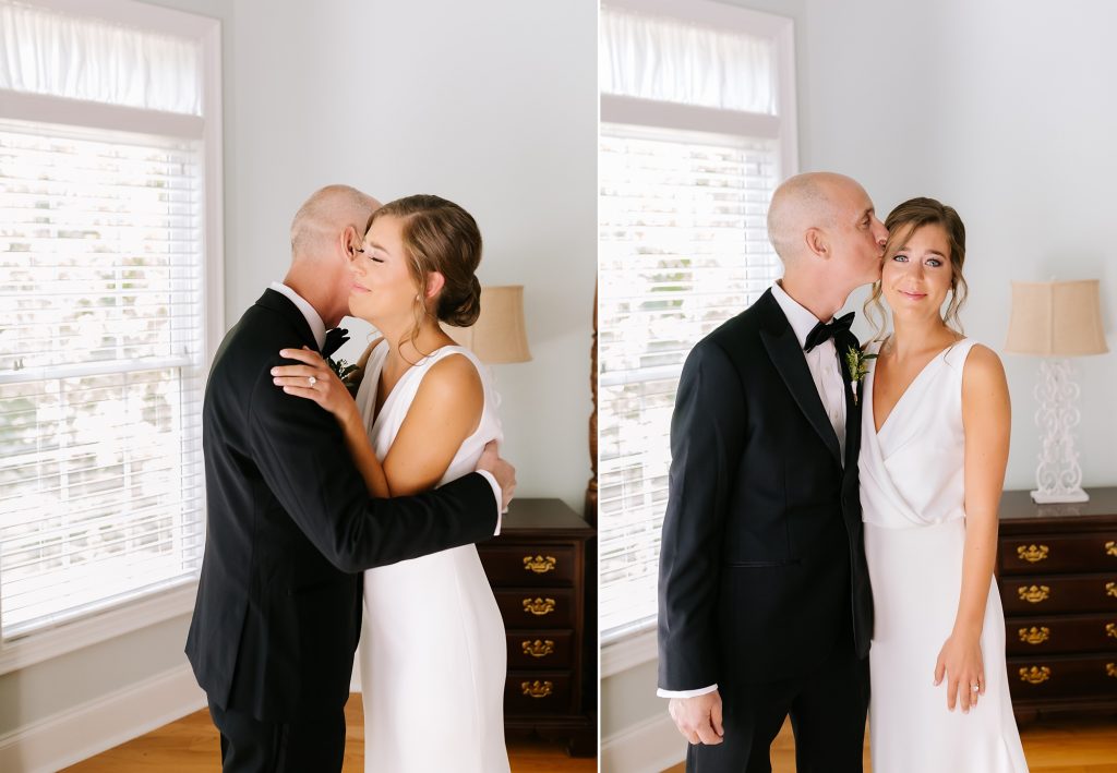 dad and bride's first look before microwedding in Uptown Charlotte
