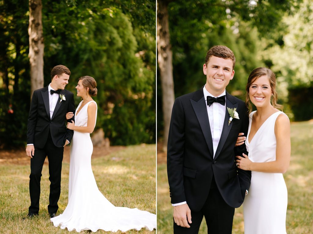 bride and groom smile during microwedding in Uptown Charlotte portraits