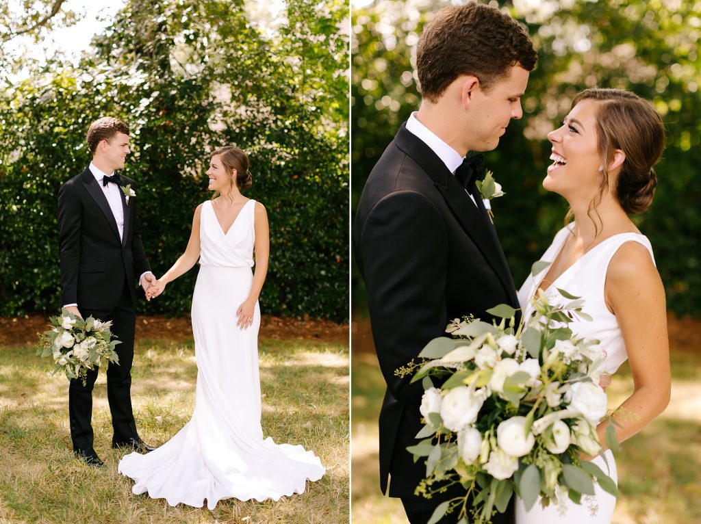 bride and groom laugh during portraits in CLT backyard