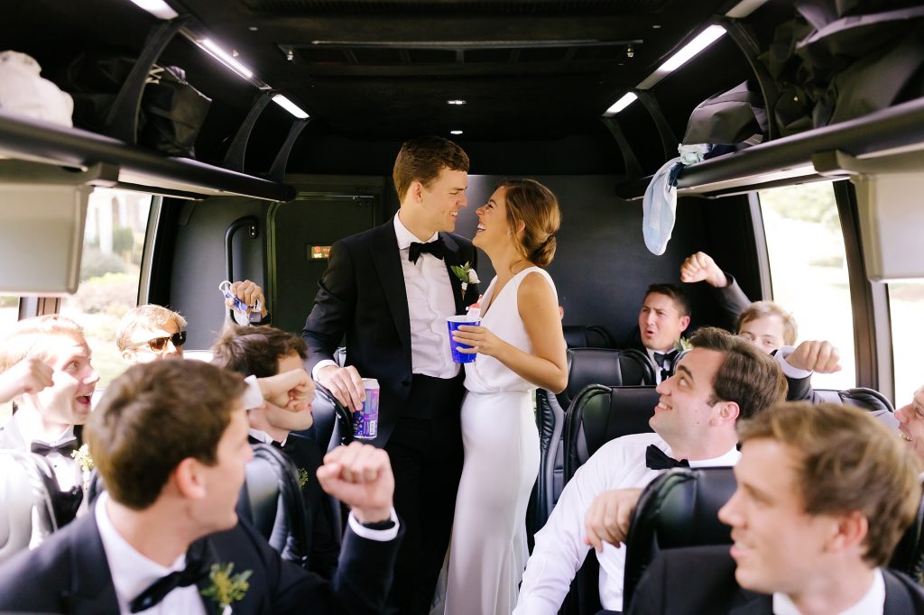 party bus with bride and groom