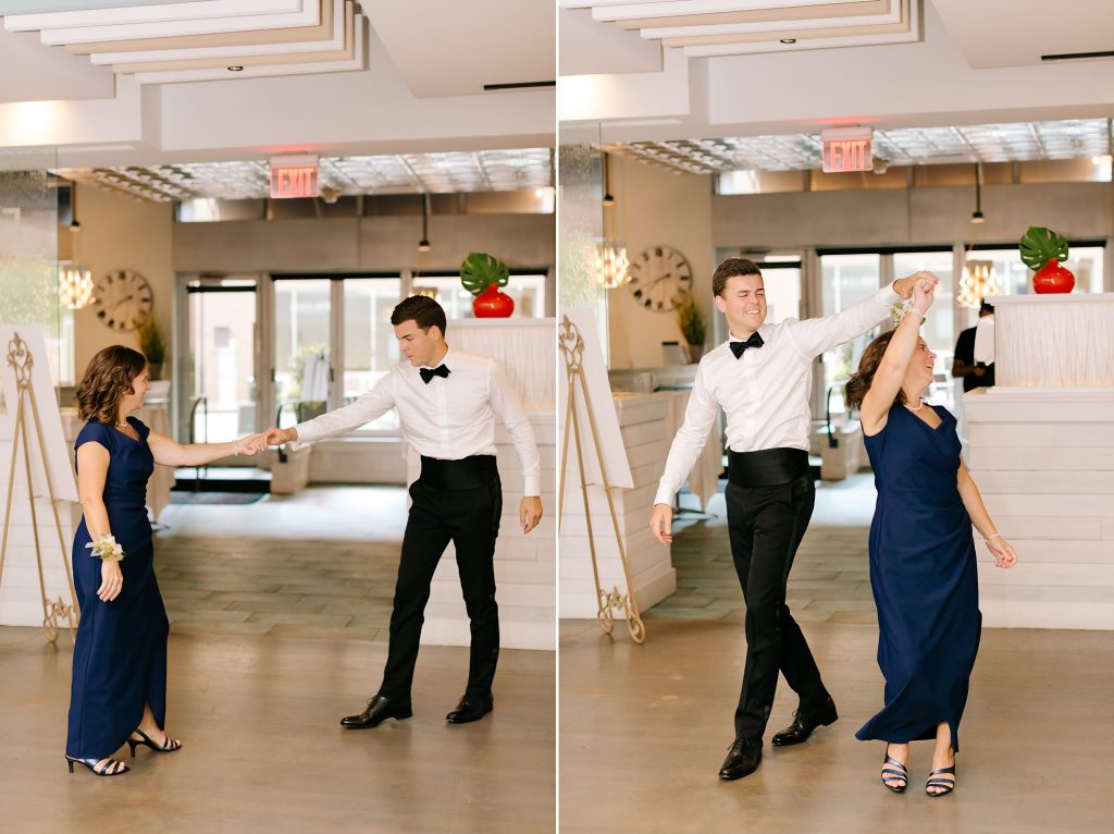 mom and groom dance during reception at Fin and Fino at Uptown Charlotte reception