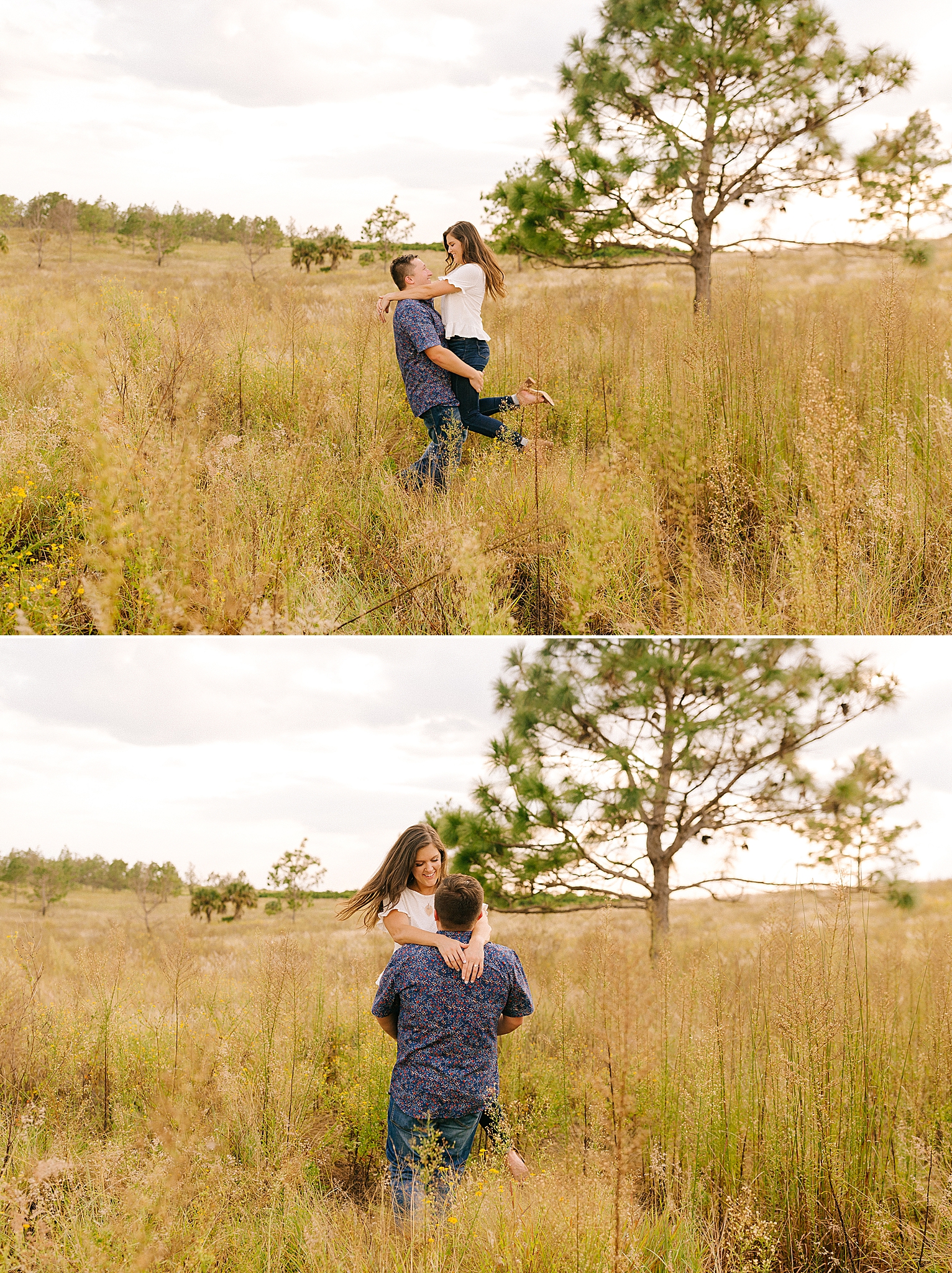 sunset engagement session in tall grass near Bok Tower