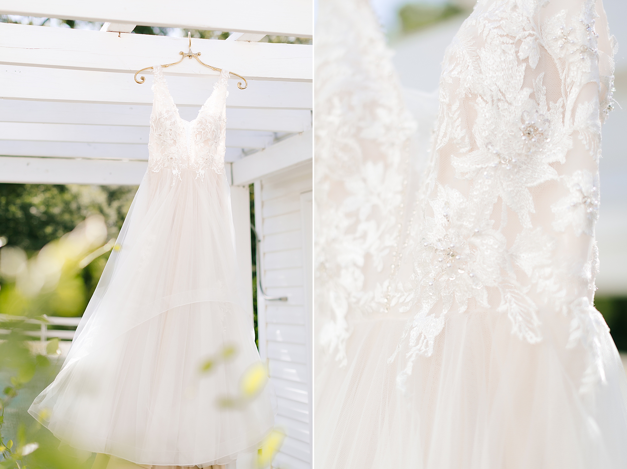 wedding dress hangs before Camellia Gardens wedding