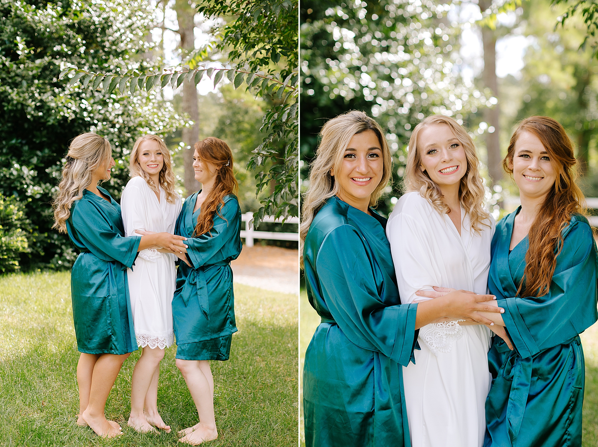 bride poses with bridesmaids in teal robes