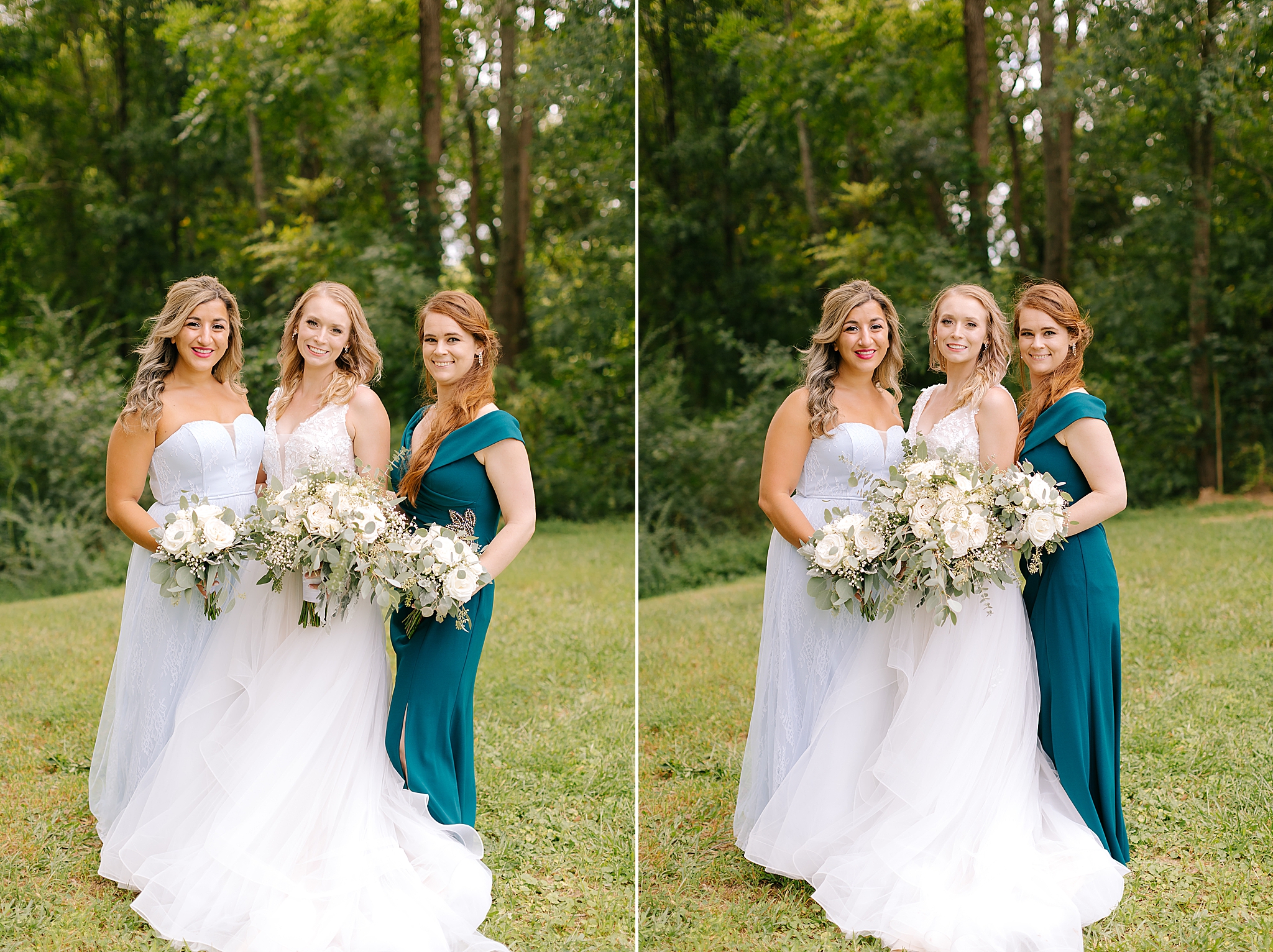bride poses with bridesmaids in mismatch gowns