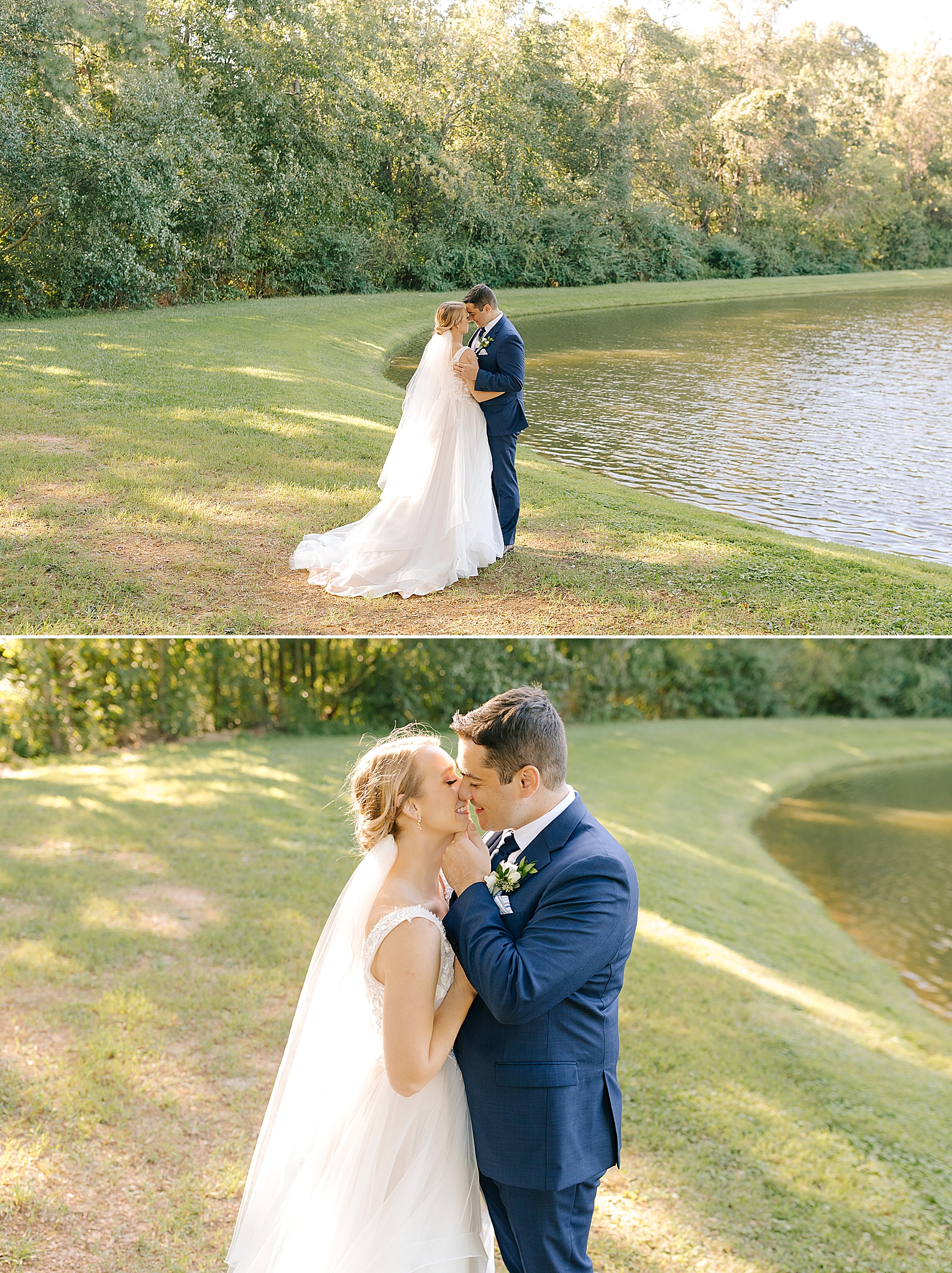 bride and groom kiss by lake at Camellia Gardens