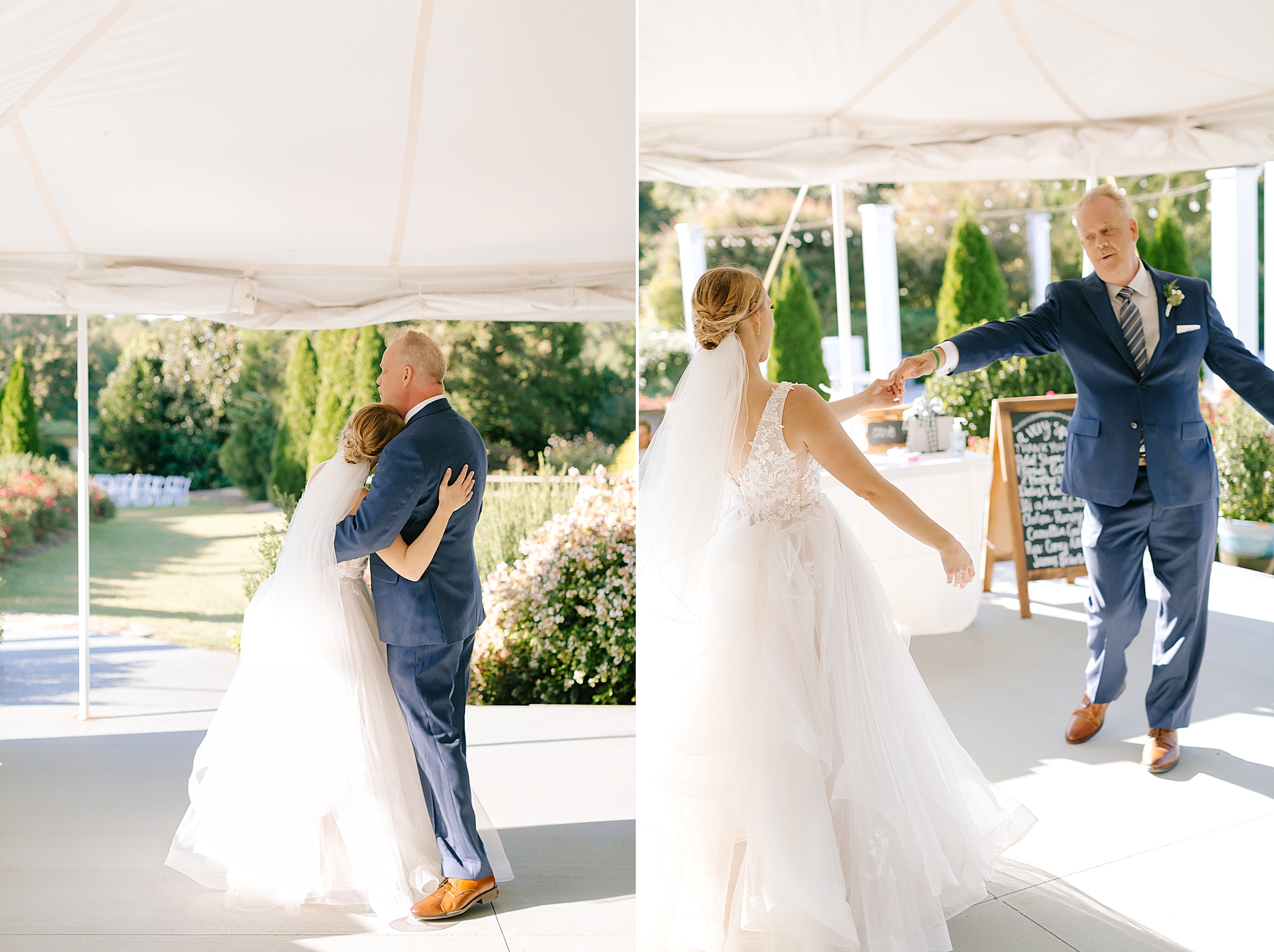 bride and dad dance during tented wedding reception