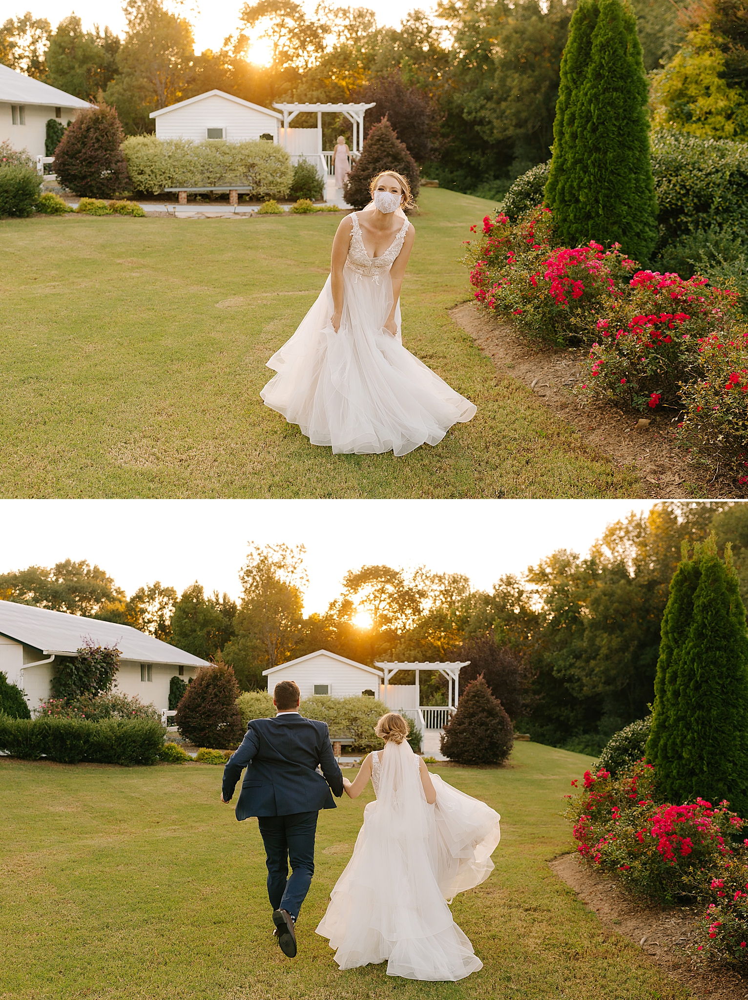 North Carolina sunset wedding portraits of bride and groom
