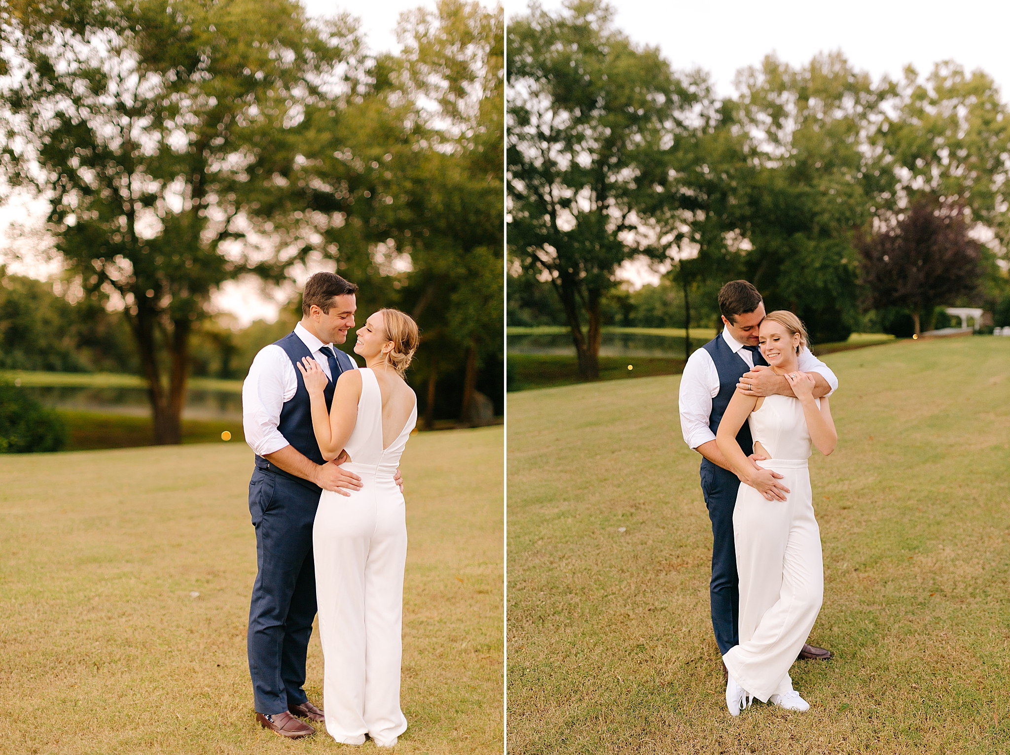 bride shows off white jumpsuit for NC wedding day
