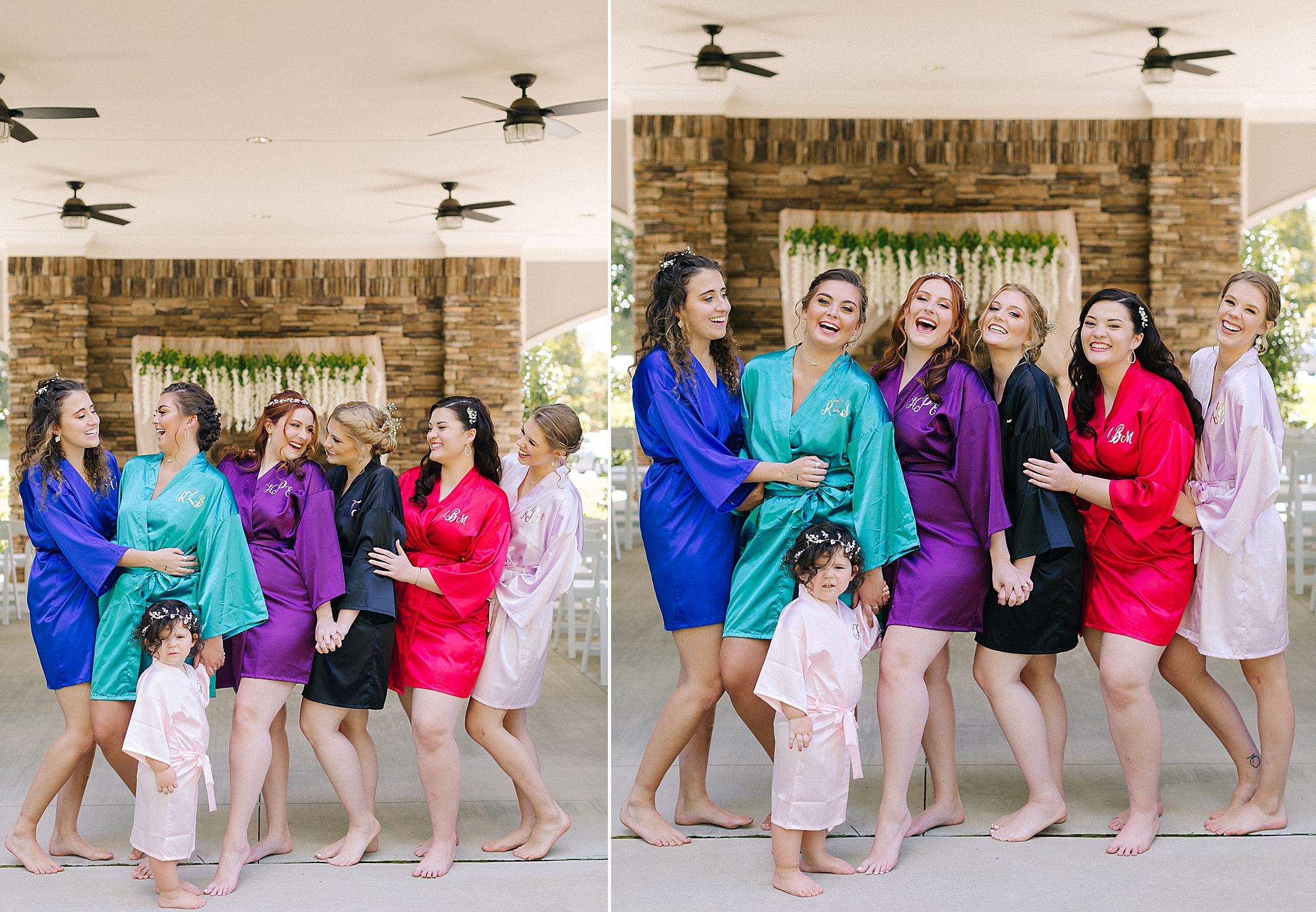bridesmaids in mismatched gowns pose on wedding morning
