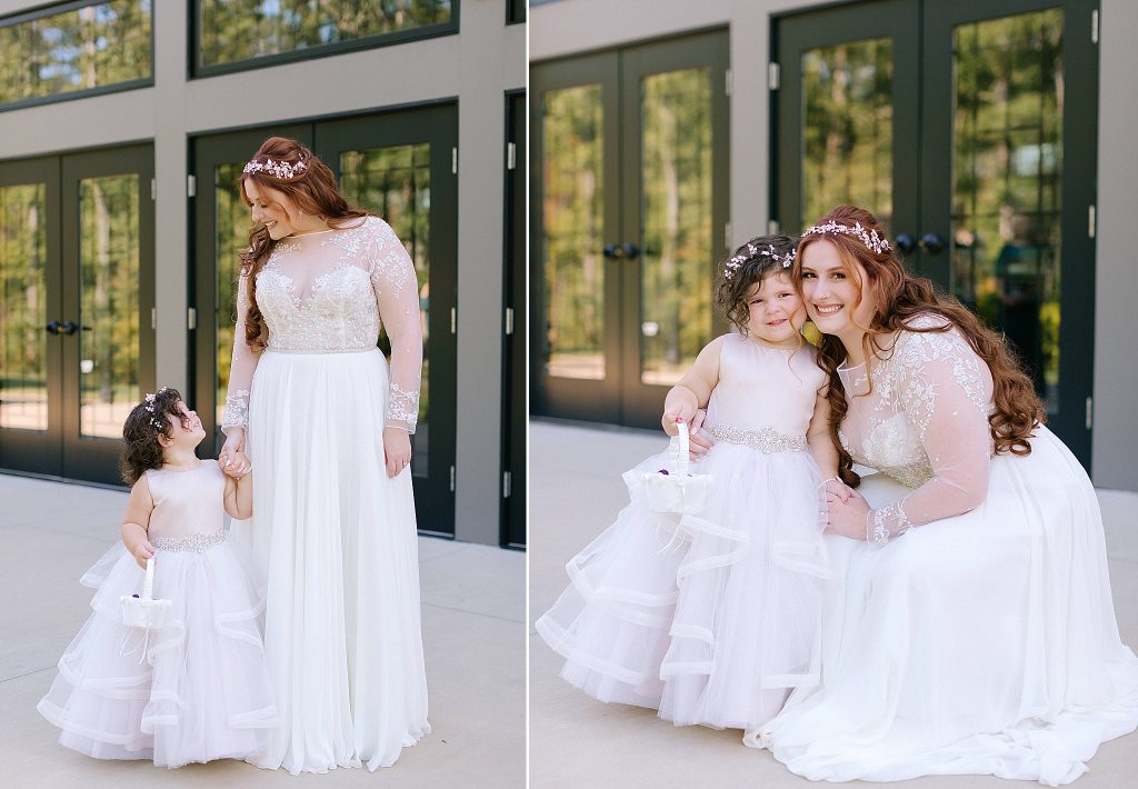 bride poses with flower girl before Southern Charm Events wedding