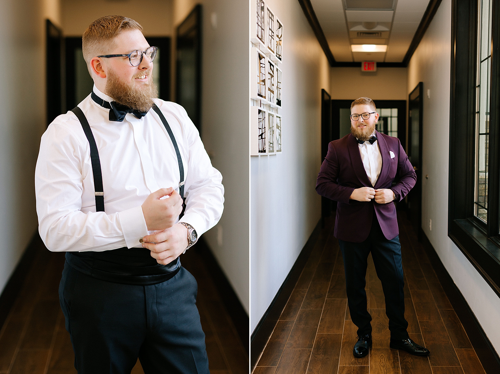groom in plum jacket prepares for Southern Charm Events wedding