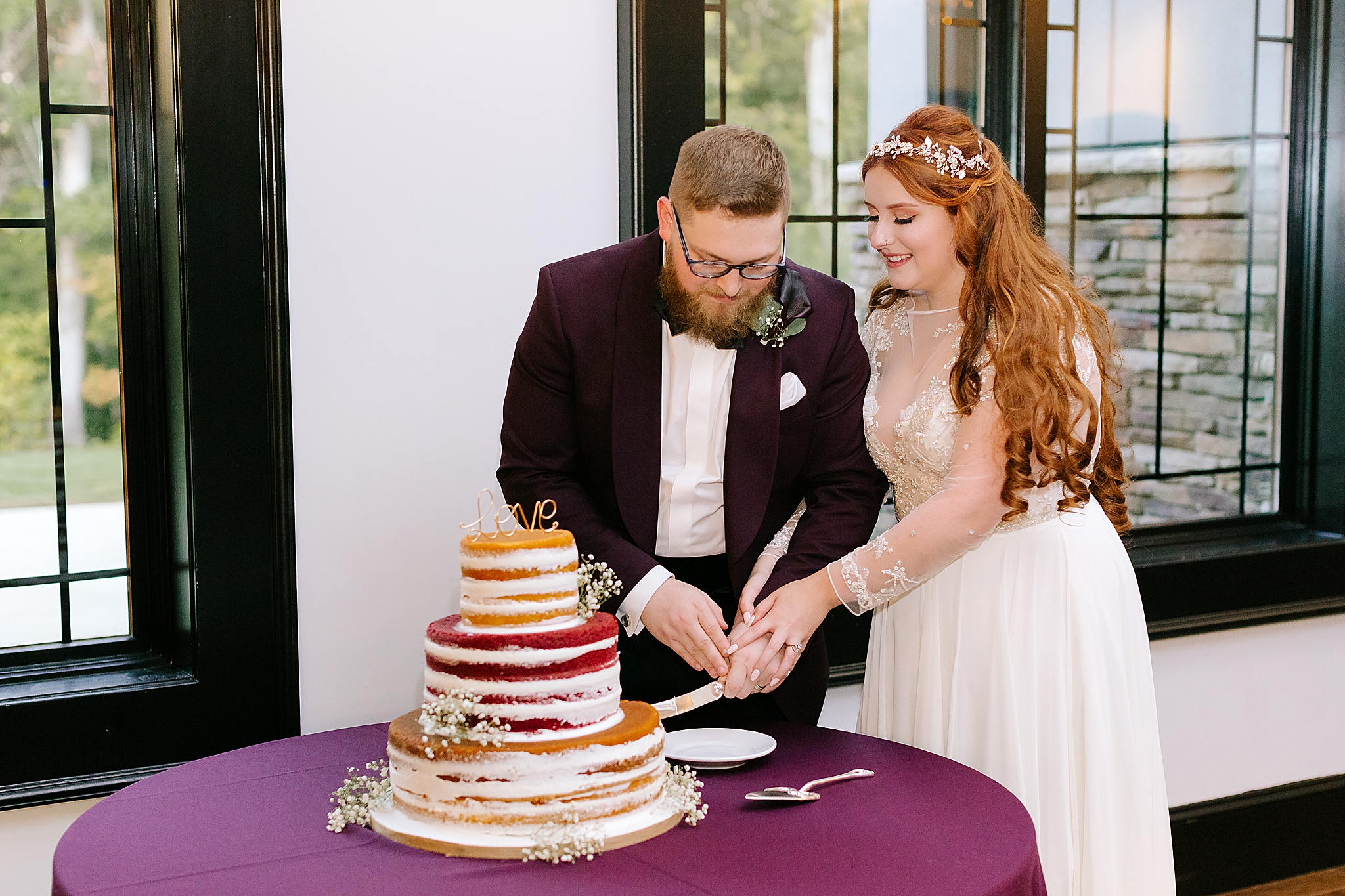 cake cutting during SC wedding reception 