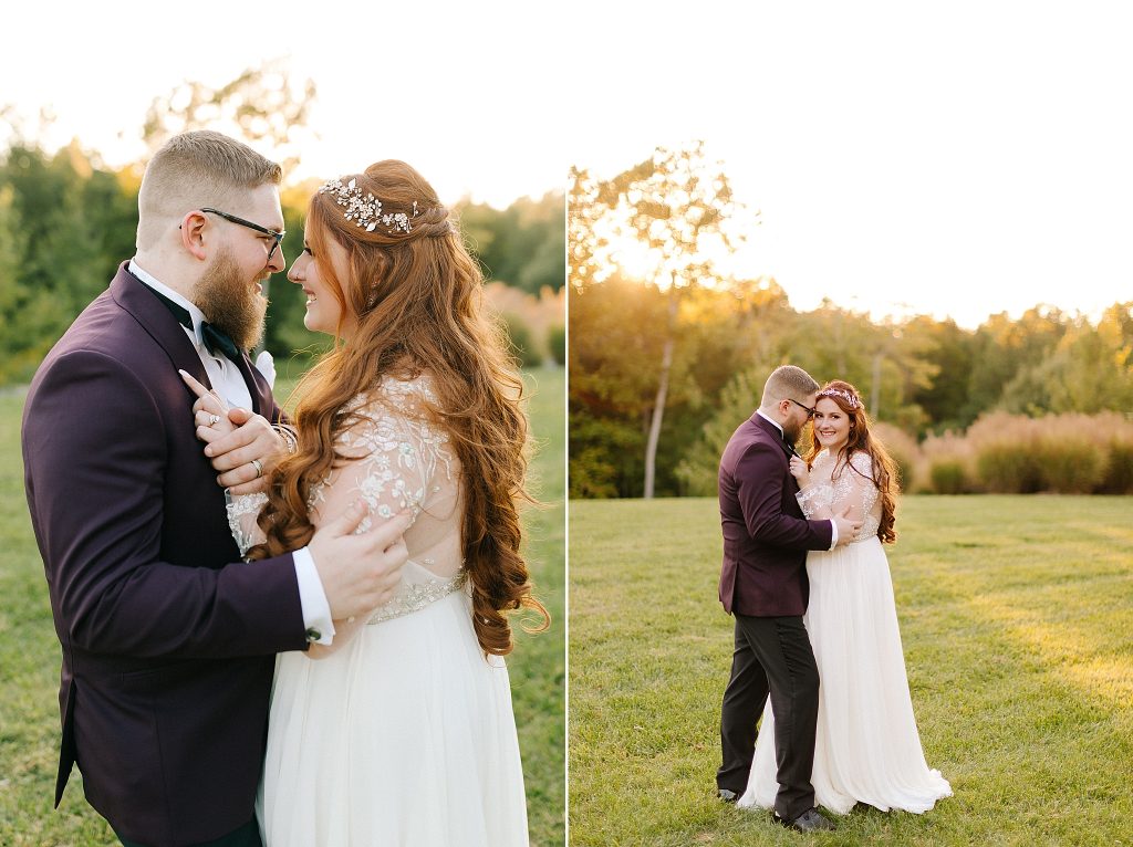 bride and groom smile during sunset portraits