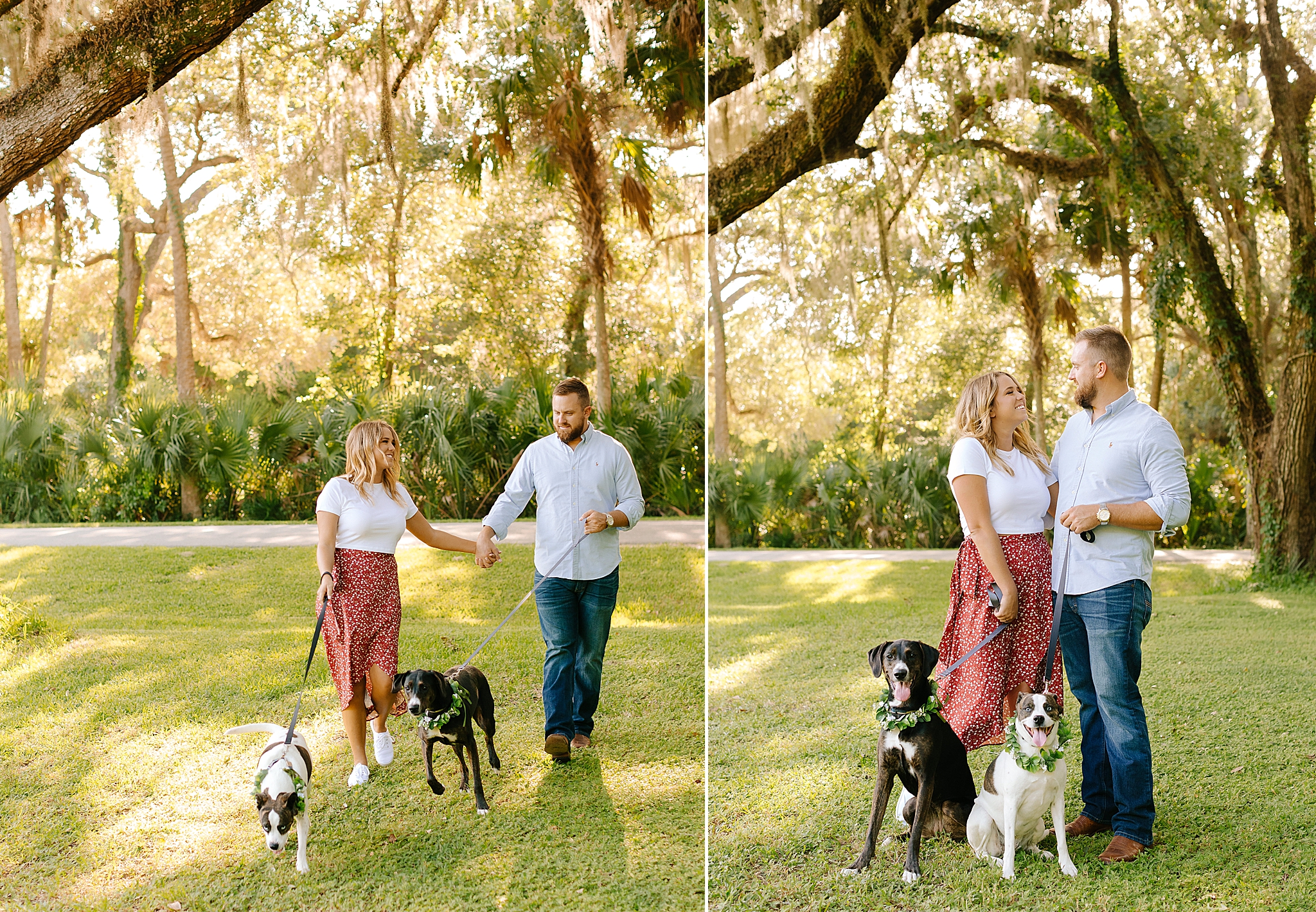 couple poses with dogs during Washington Oaks Gardens Engagement session