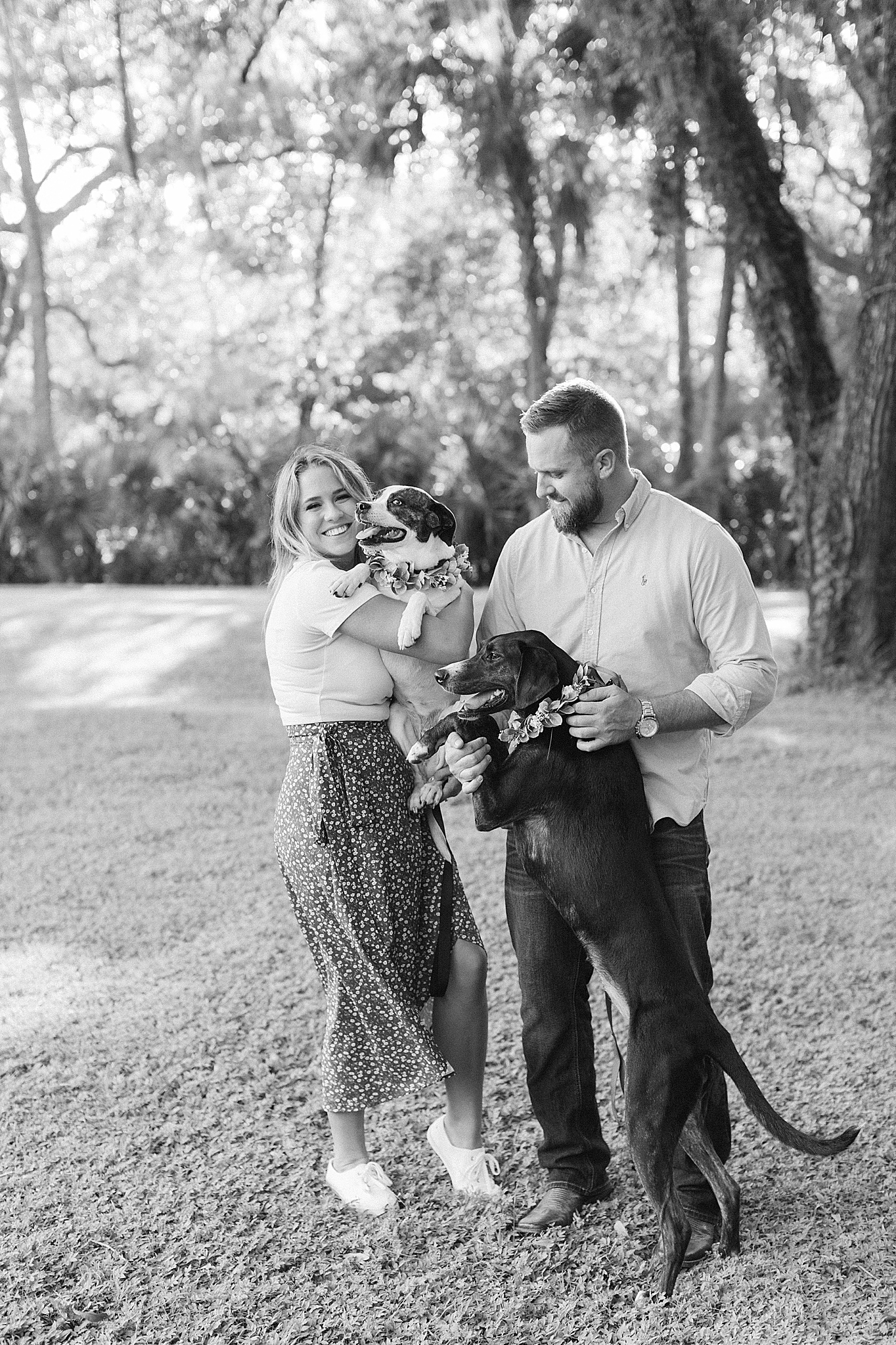 engaged couple holds dogs during Florida engagement session