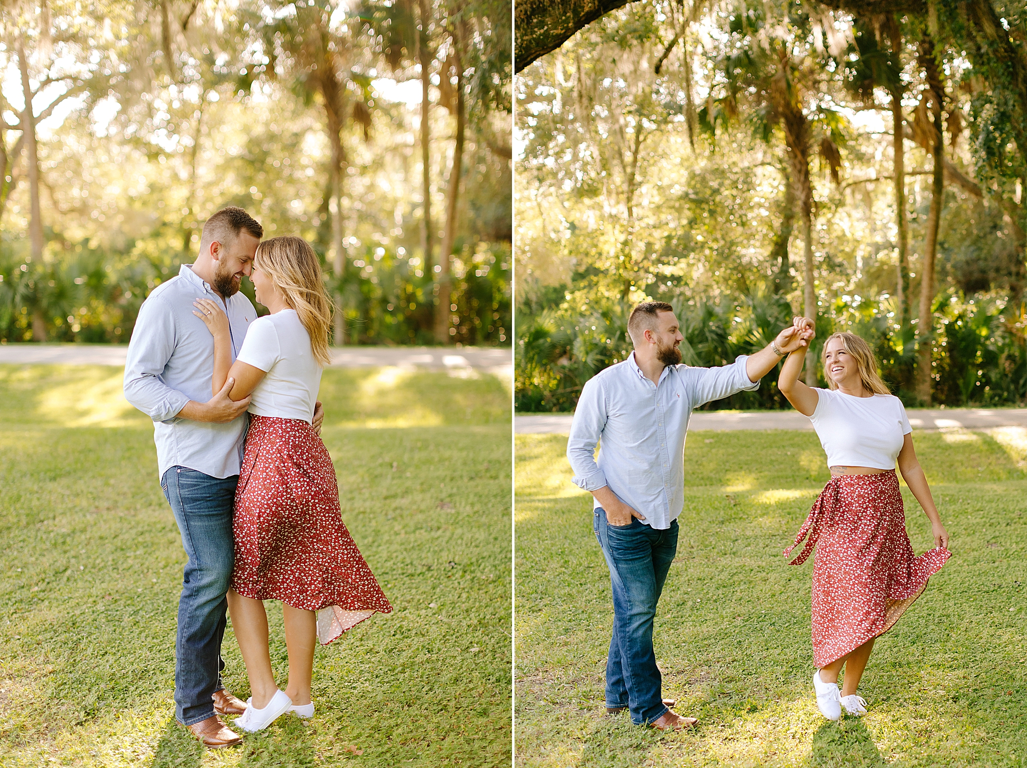 groom twirls bride during Washington Oaks Gardens engagement session