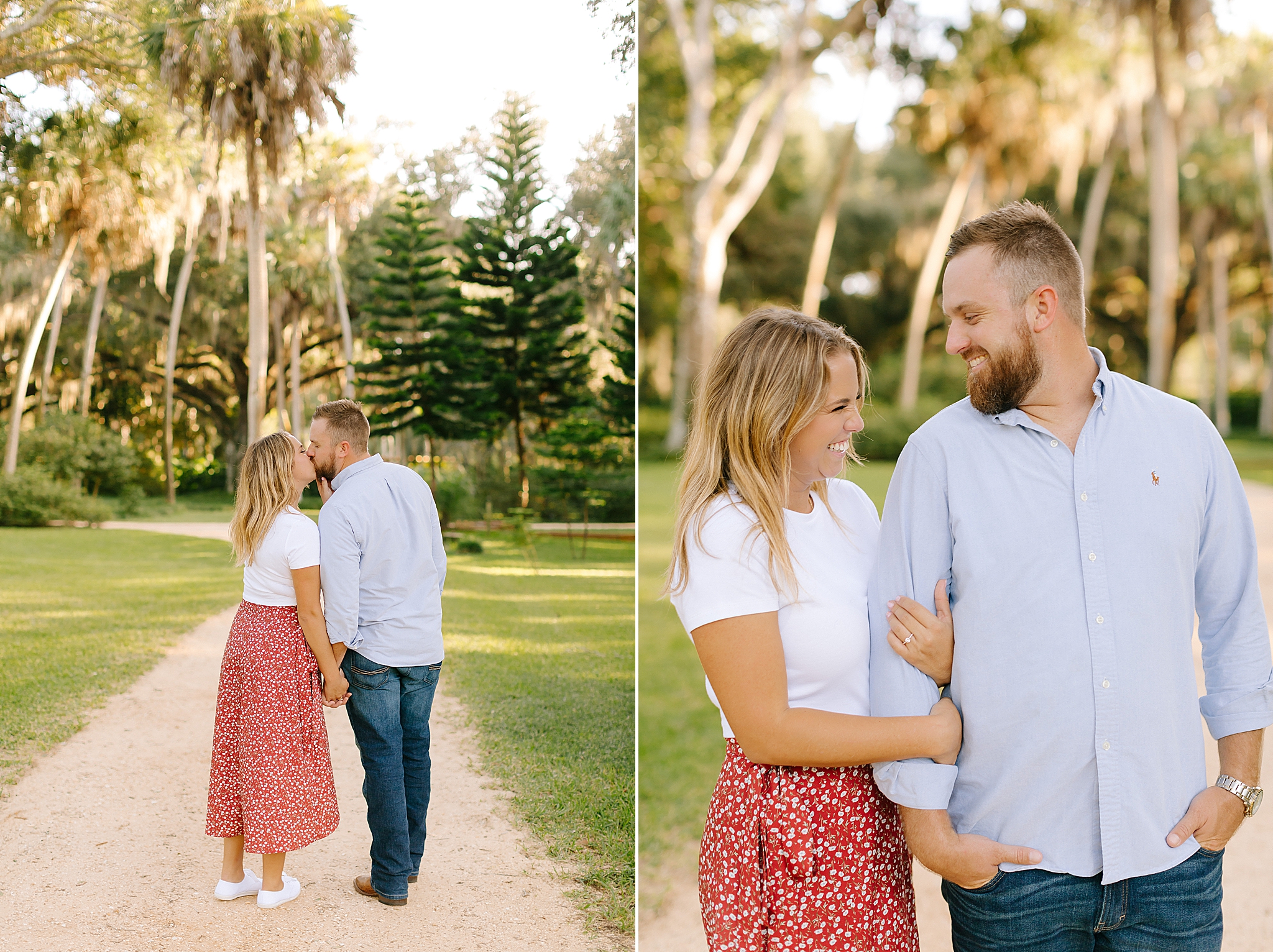 bride laughs standing with groom during Florida engagement session