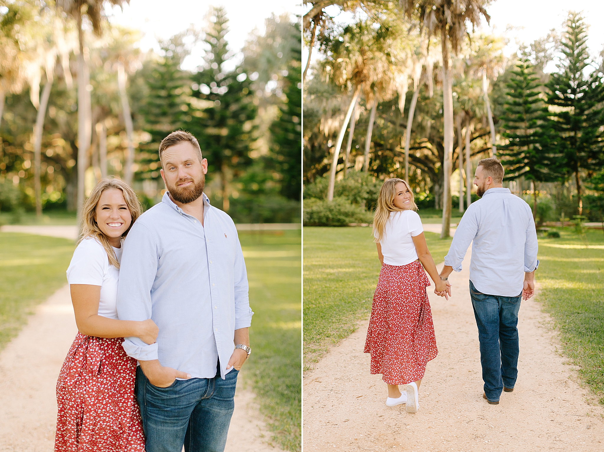 bride and groom walk in front of palm trees during FL engagement session