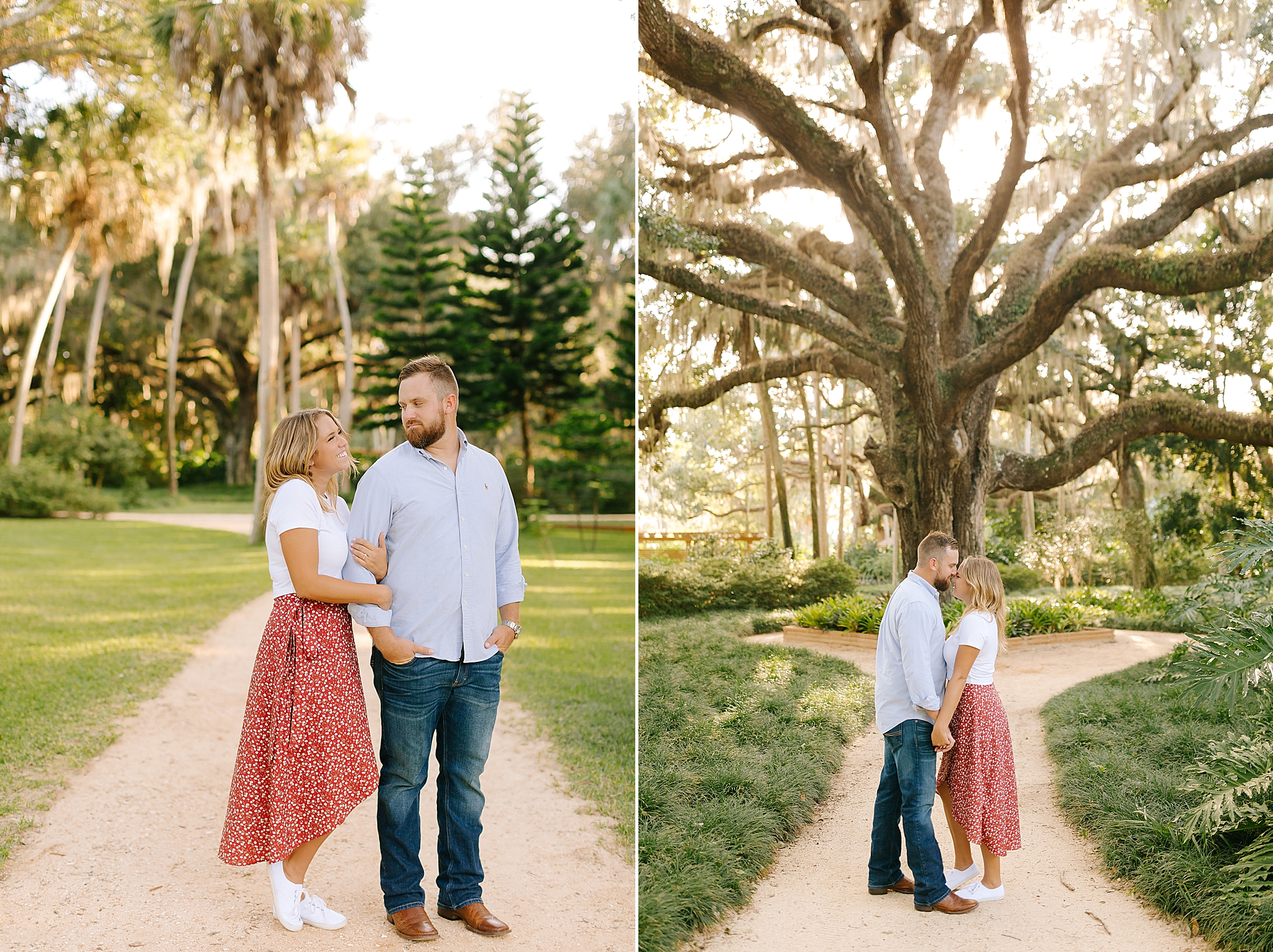 bride and groom pose by big tree in Washington Oaks Gardens