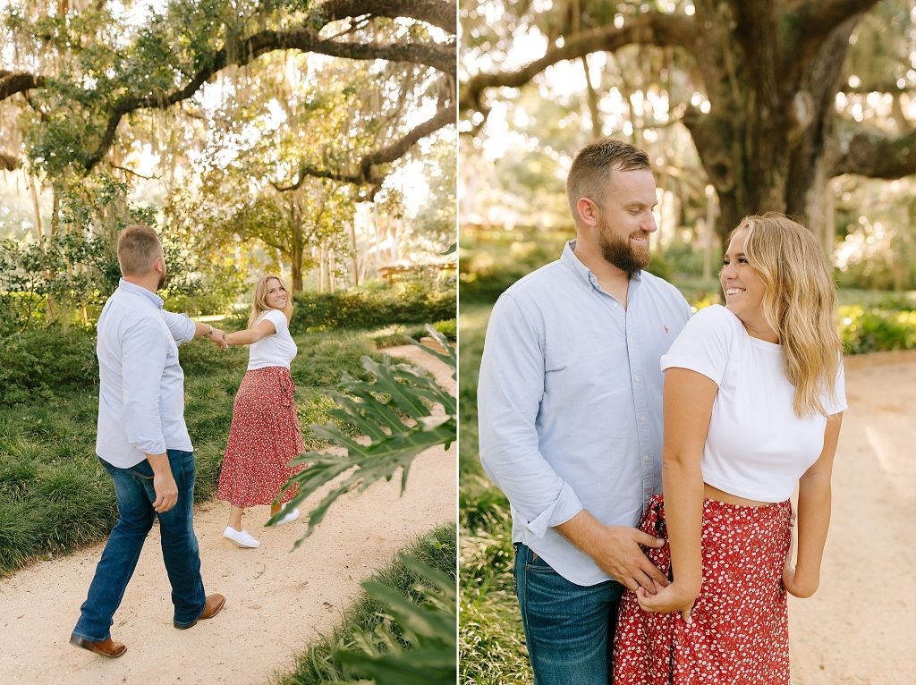 bride walks in front of groom during garden engagement session