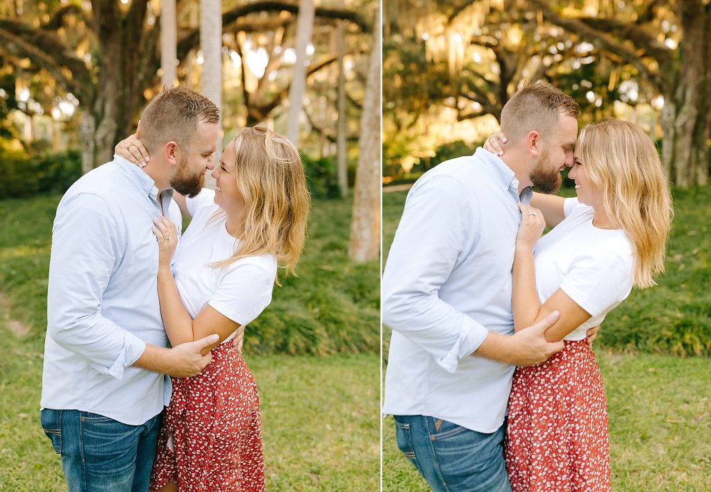 sunset engagement photos under spanish moss