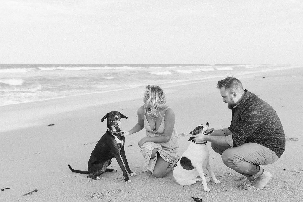 bride and groom pose with dogs on Palm Coast beach