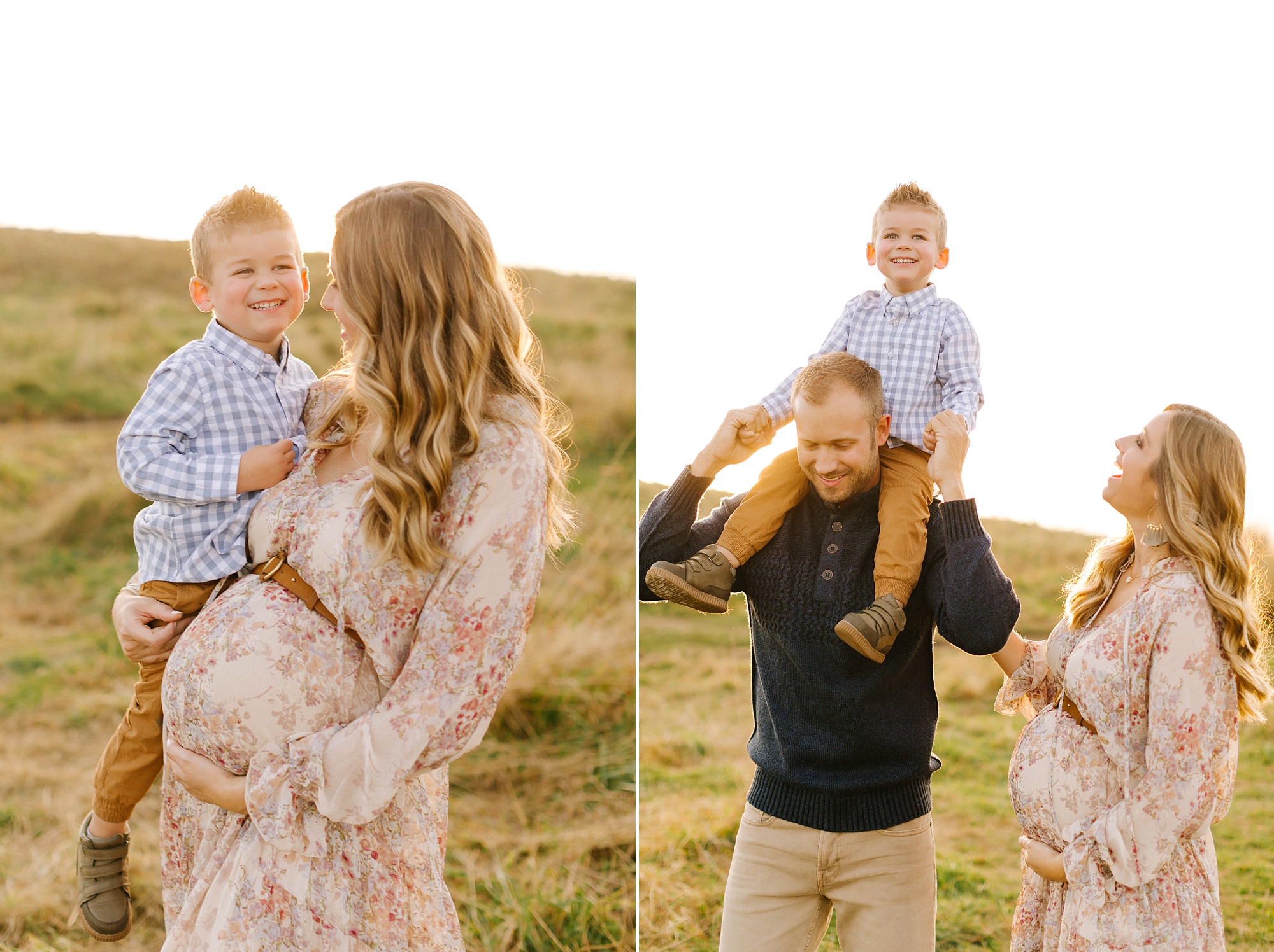 mom walks with dad and big brother during maternity portraits