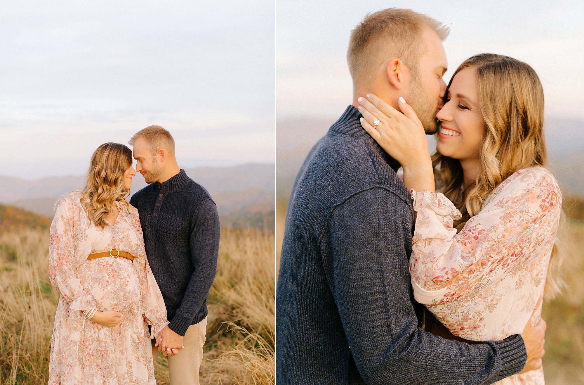expecting parents hug during Asheville maternity session on mountaintop 