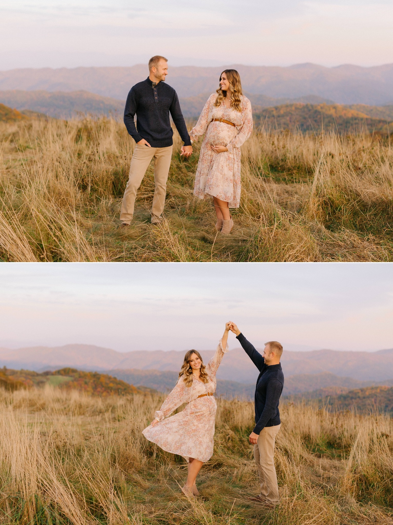Asheville maternity session at sunset with mom in boho dress