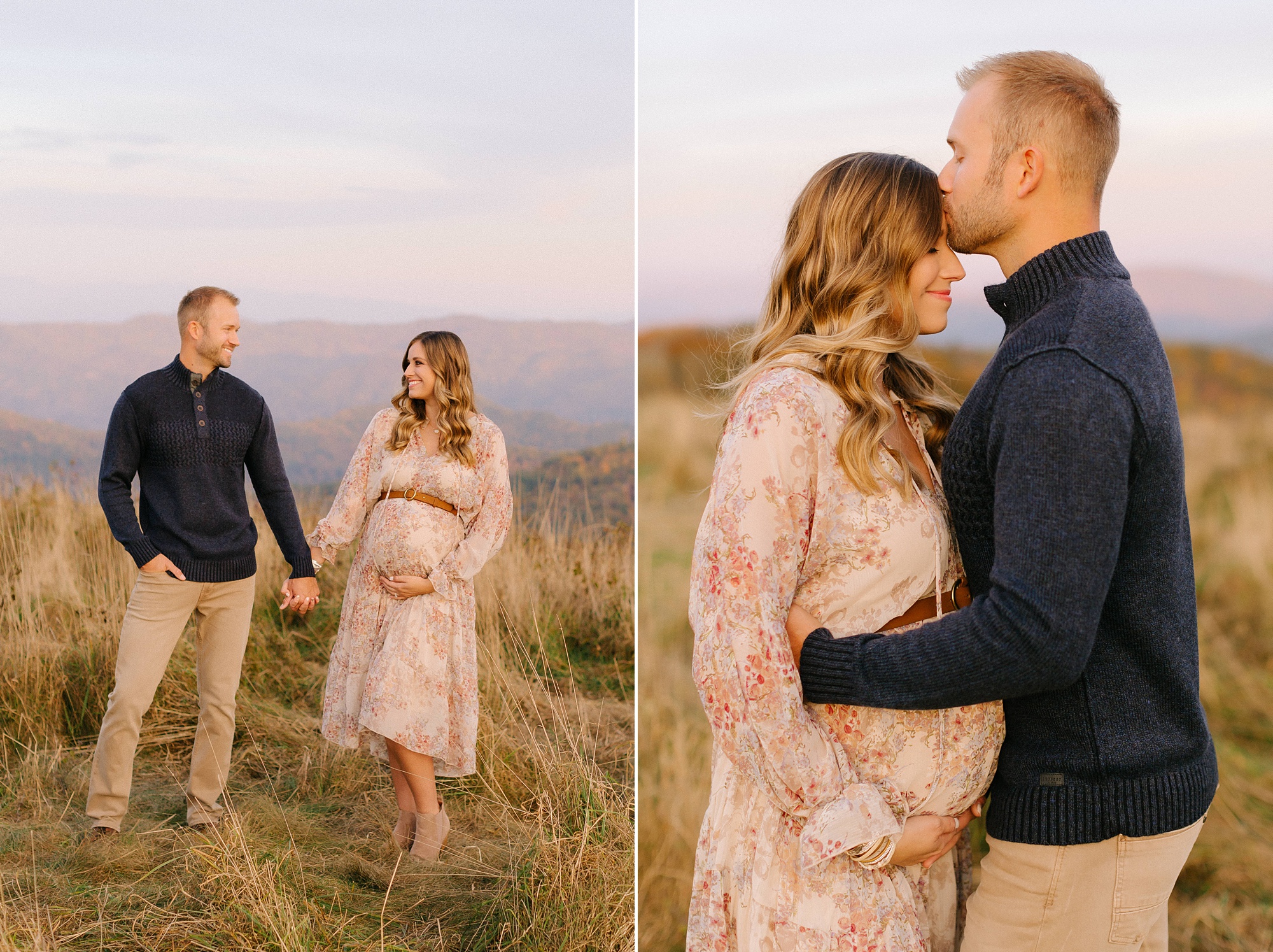 husband kisses wife's forehead during Asheville maternity session