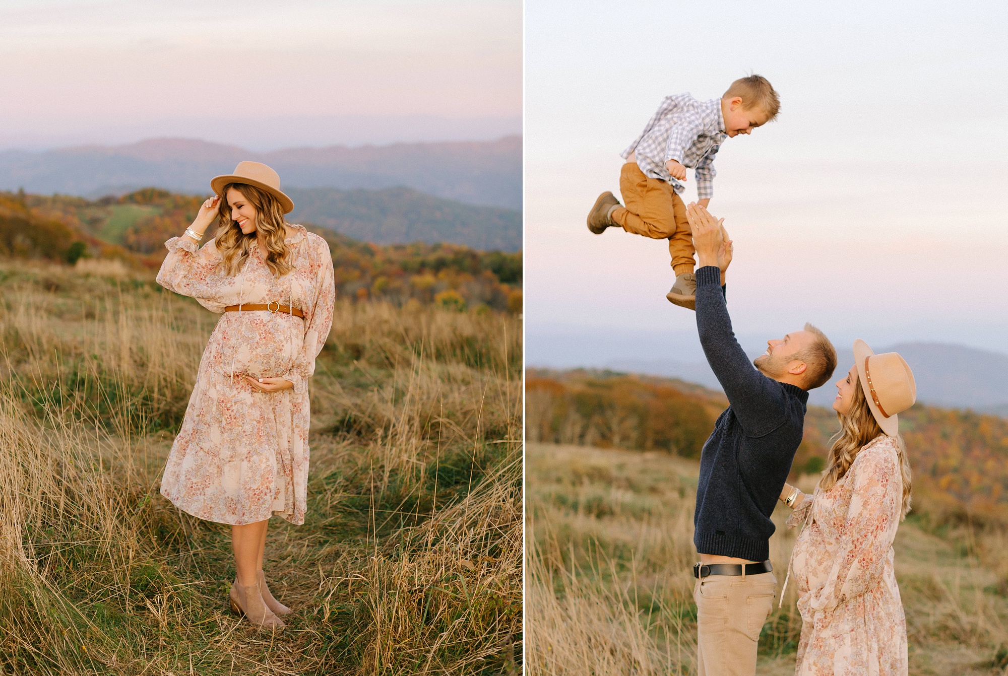 mom poses with hat and boho gown during NC maternity session