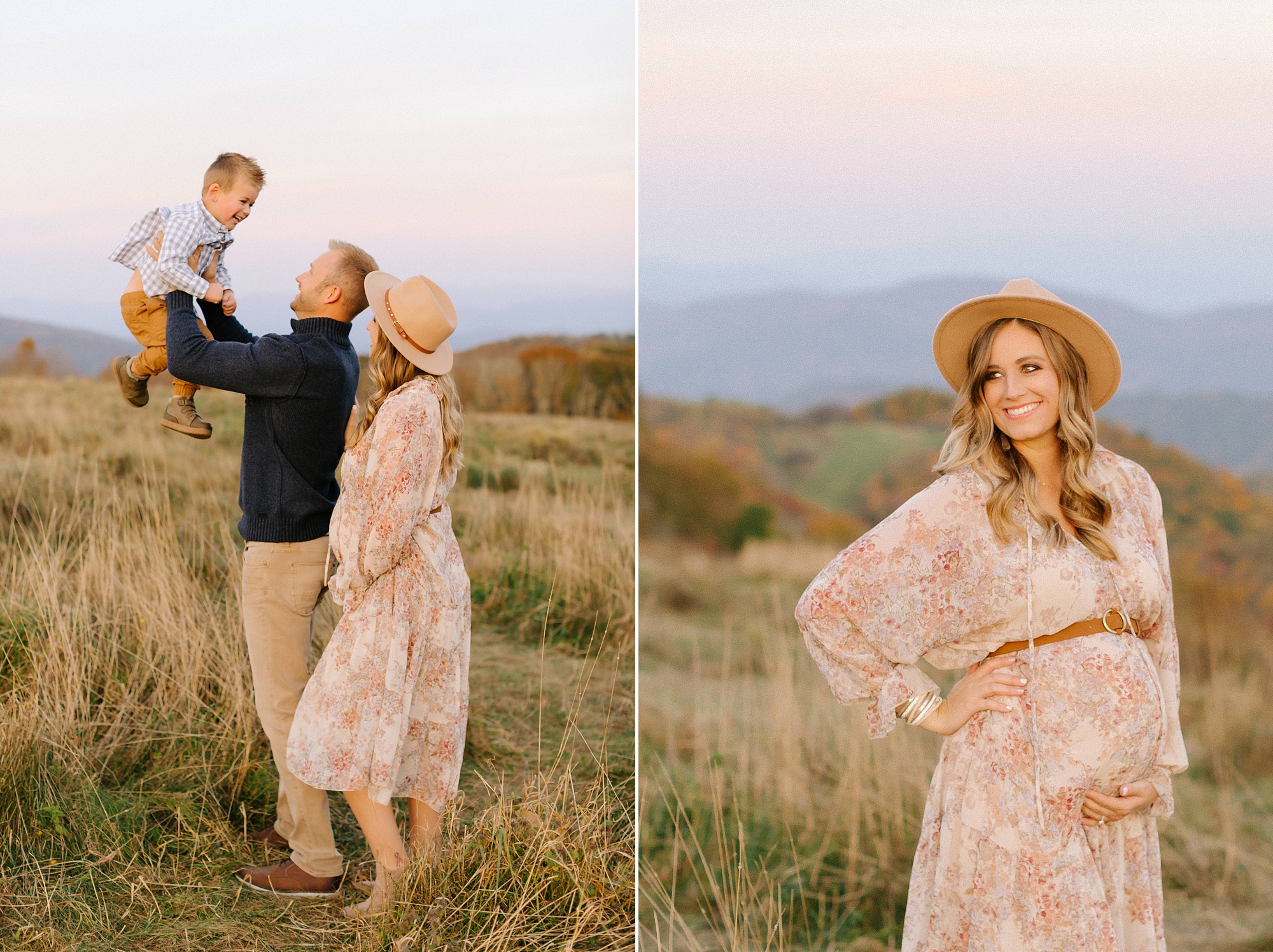 mom in boho pink gown holds baby belly