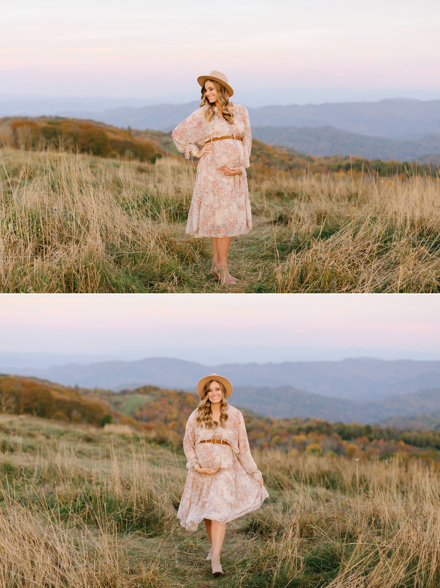 Asheville maternity session with mom in boho gown and hat 