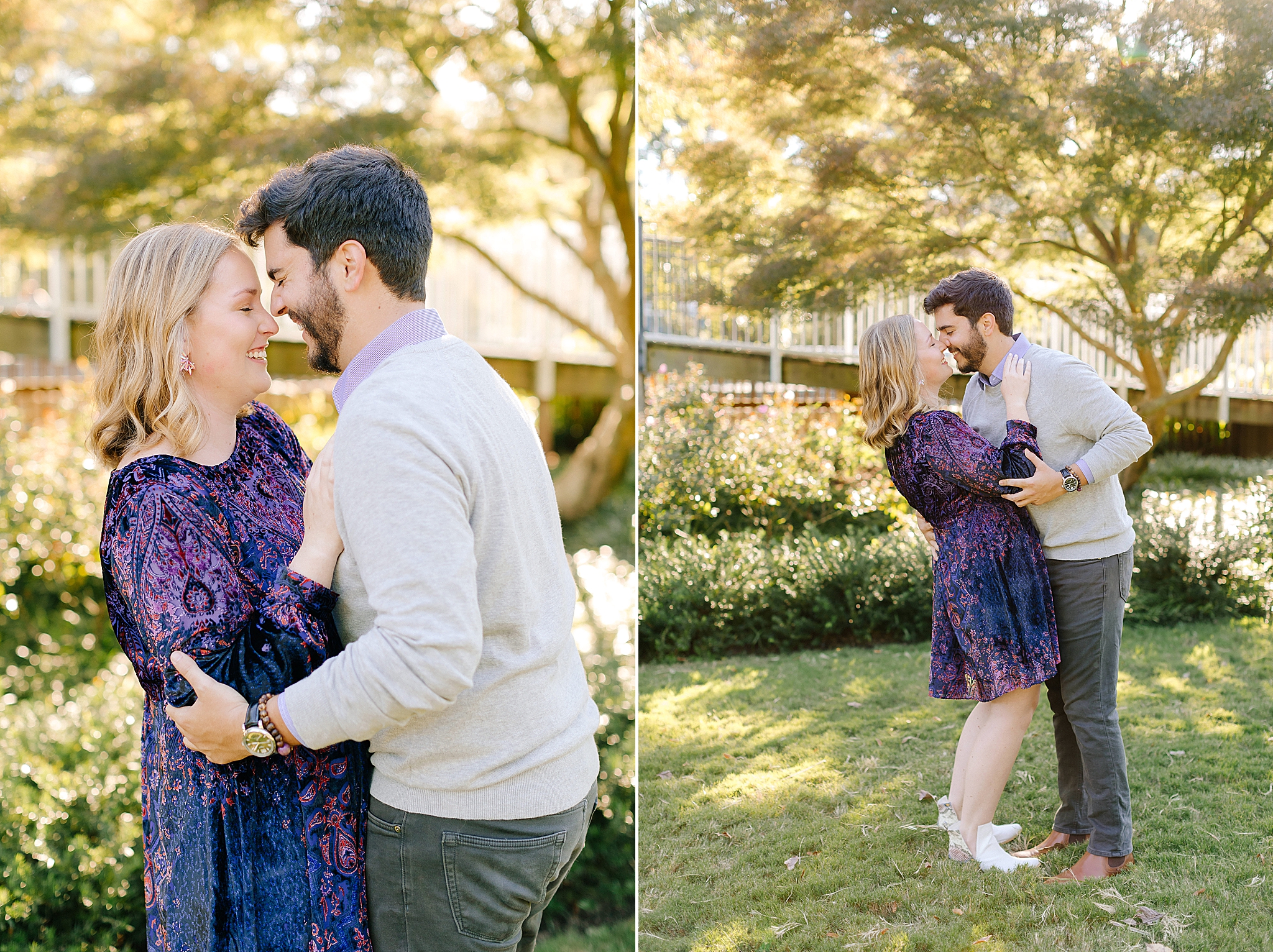 engaged couple laughs during Pullen Park engagement session