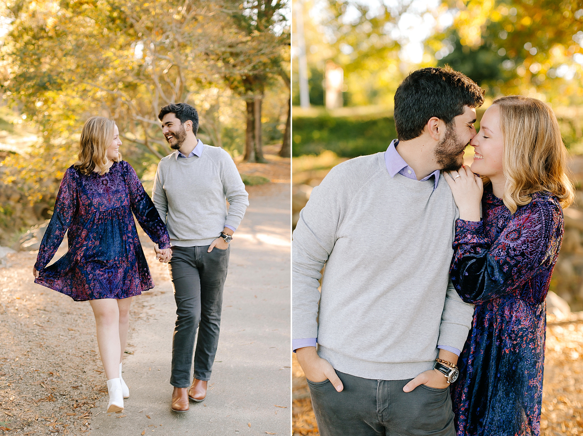 couple gets cozy during engagement photos in Pullen Park