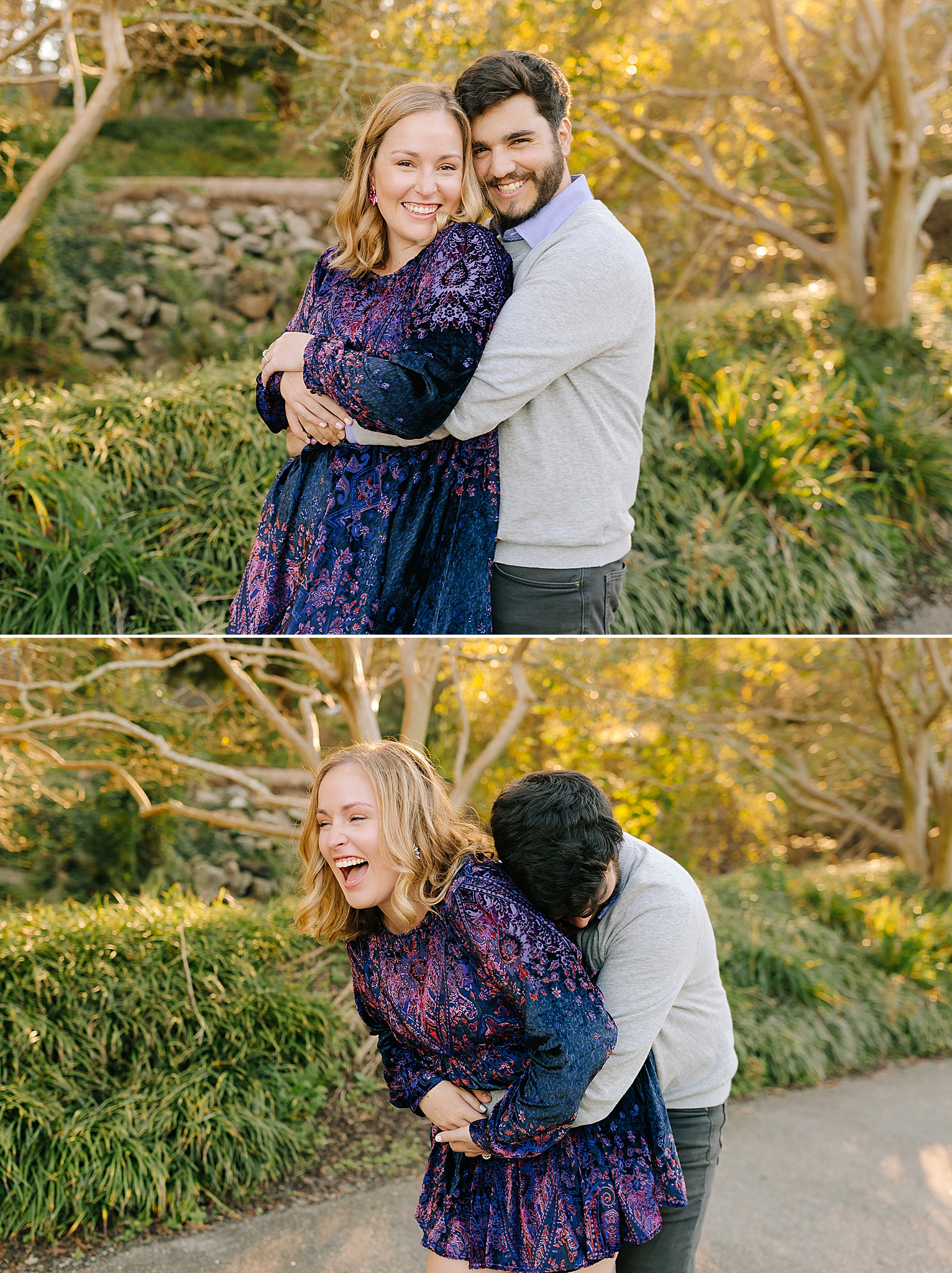 bride and groom laugh during Pullen Park engagement session