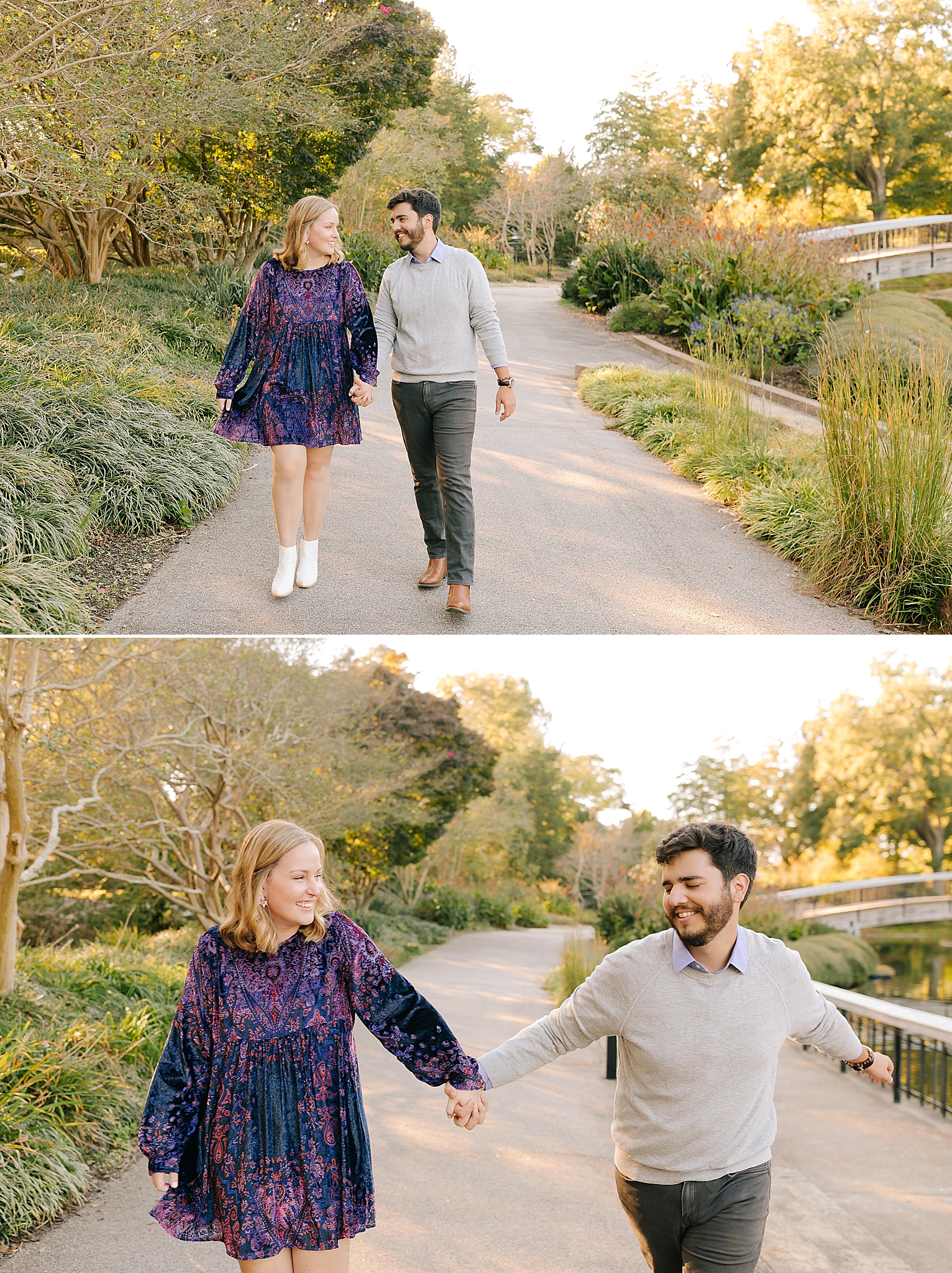 engaged couple walks through park in Raleigh NC