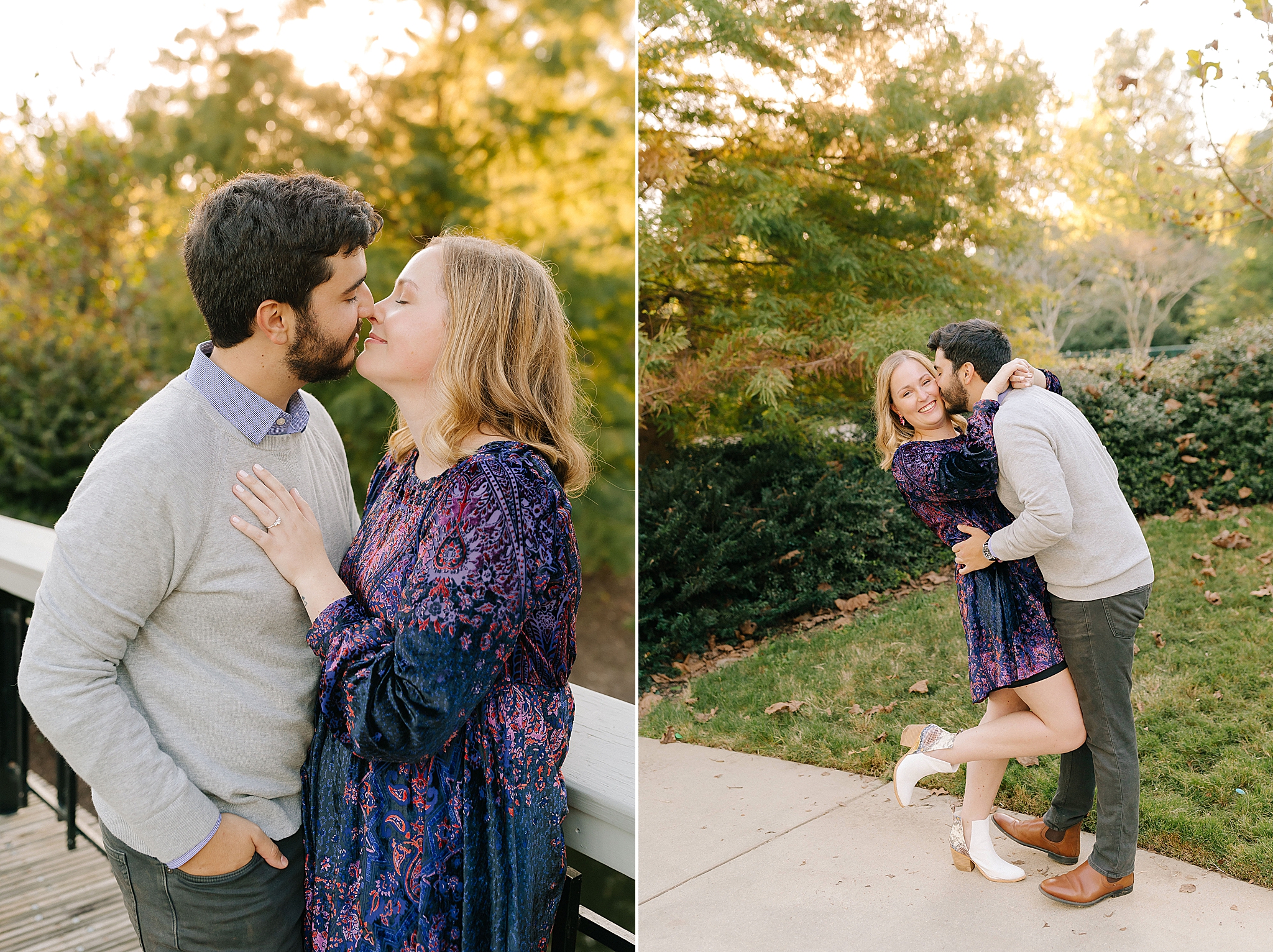 bride and groom are playful during Pullen Park engagement session