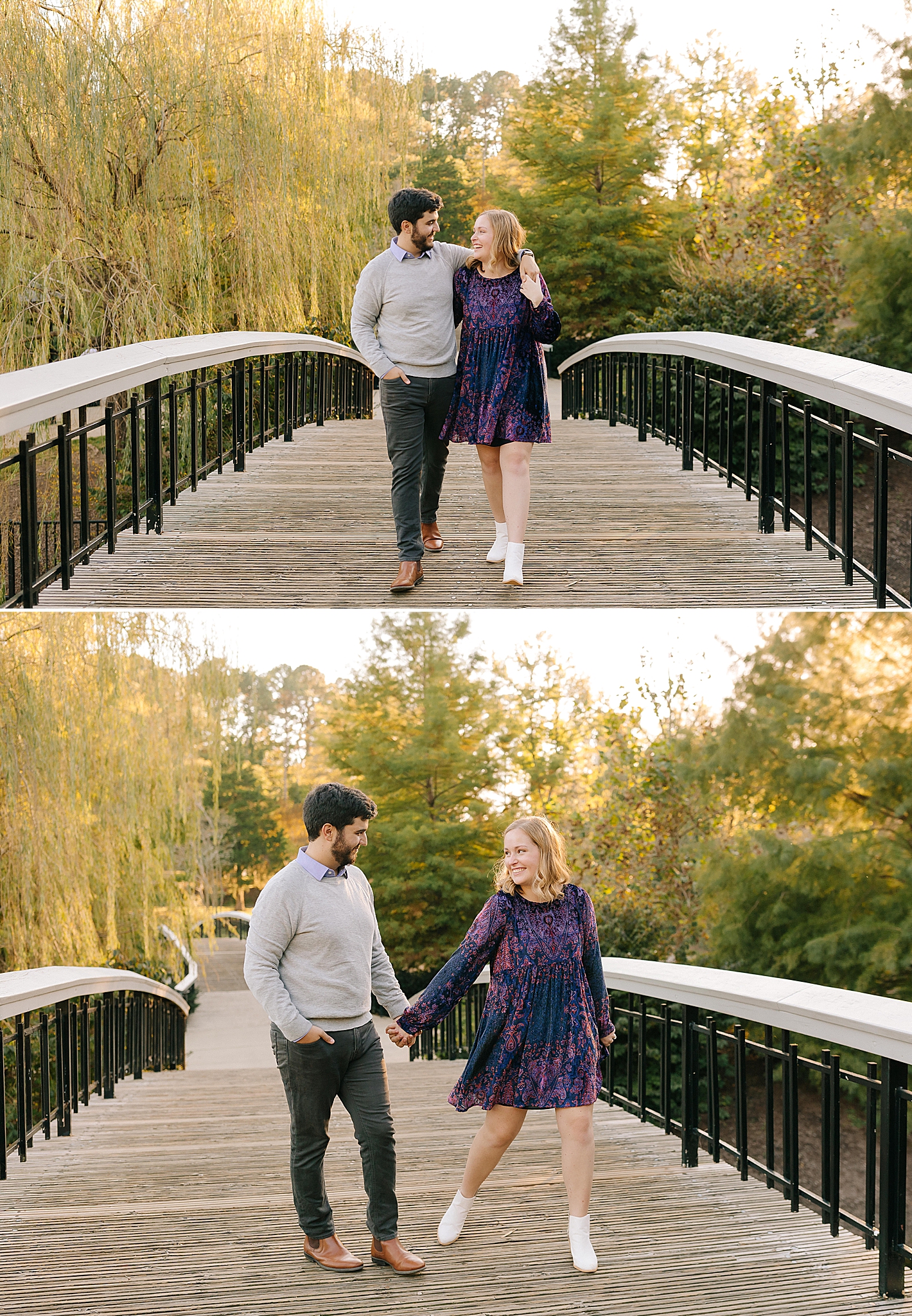 fall engagement session on bridge in Pullen Park