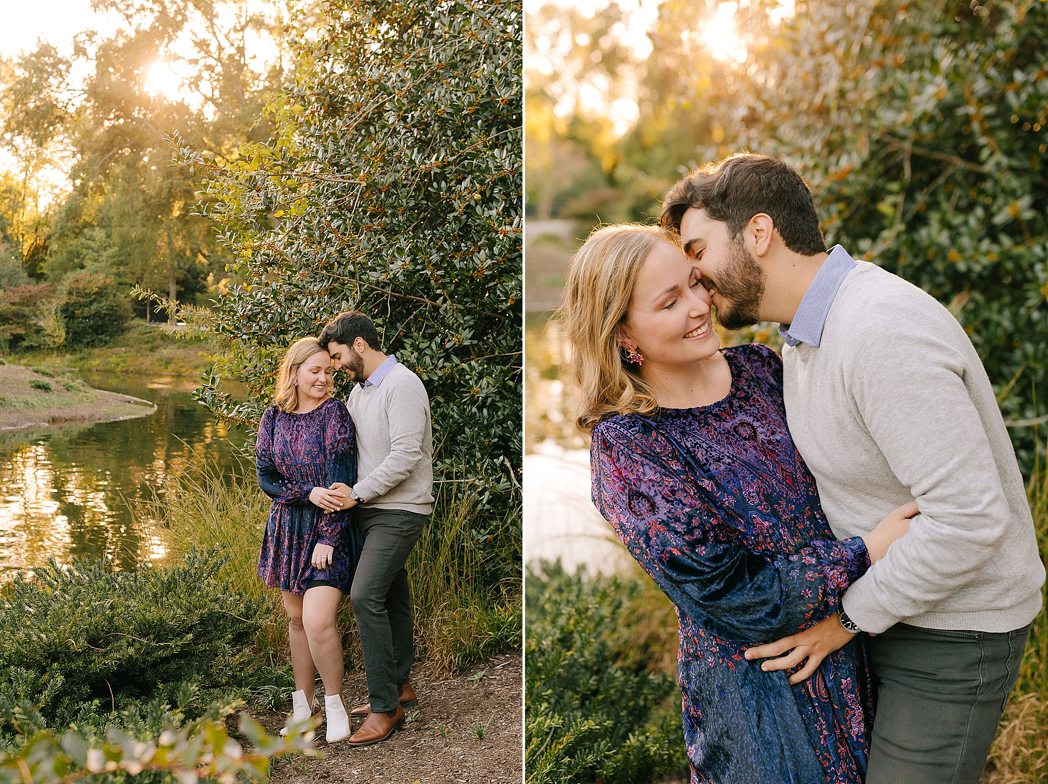 fall engagement portraits at sunset in Pullen Park