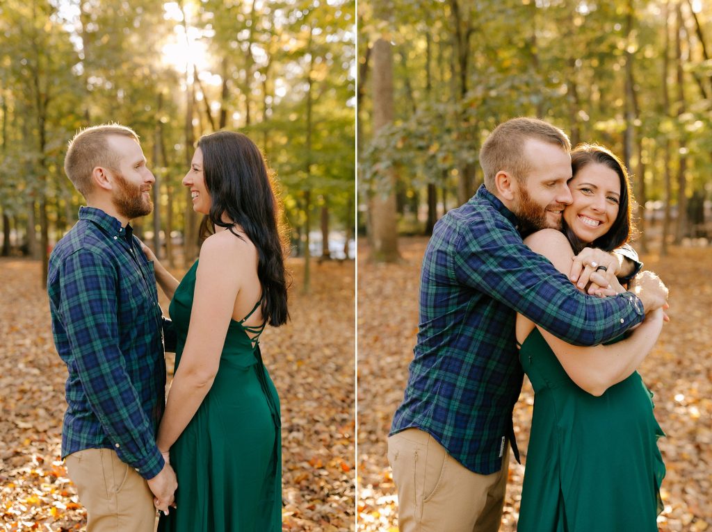 husband hugs wife during holiday inspired anniversary photos in Greensboro