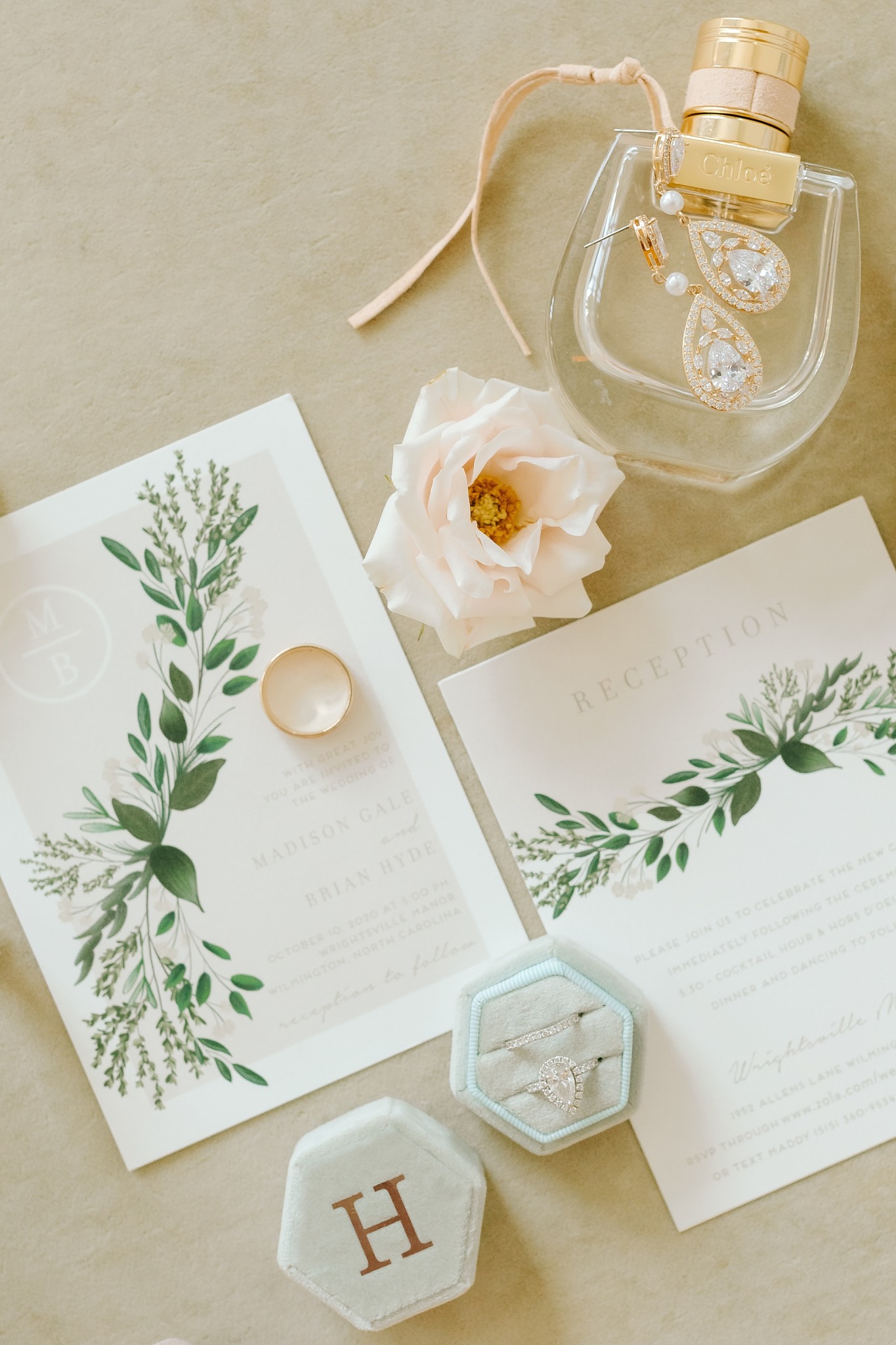 bride's jewelry and invitation suite for Wrightsville Manor wedding
